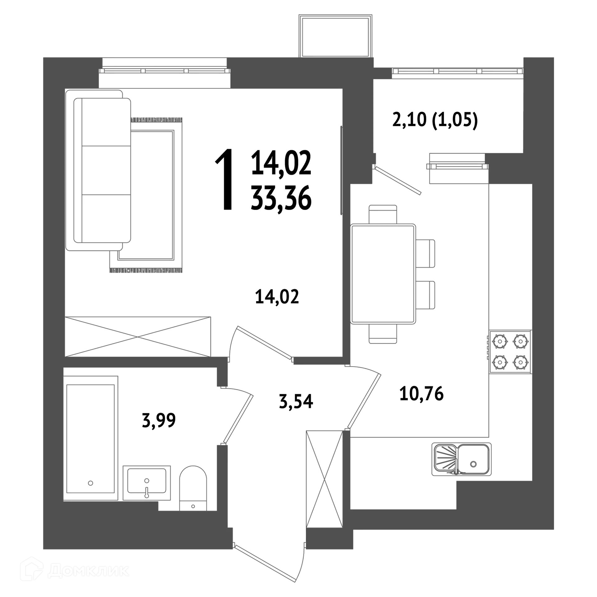 Планировка 1-комнатной квартиры 33.36 м² в ЖК "ХОЛМОГОРЫ", г. Уфа — фото 1