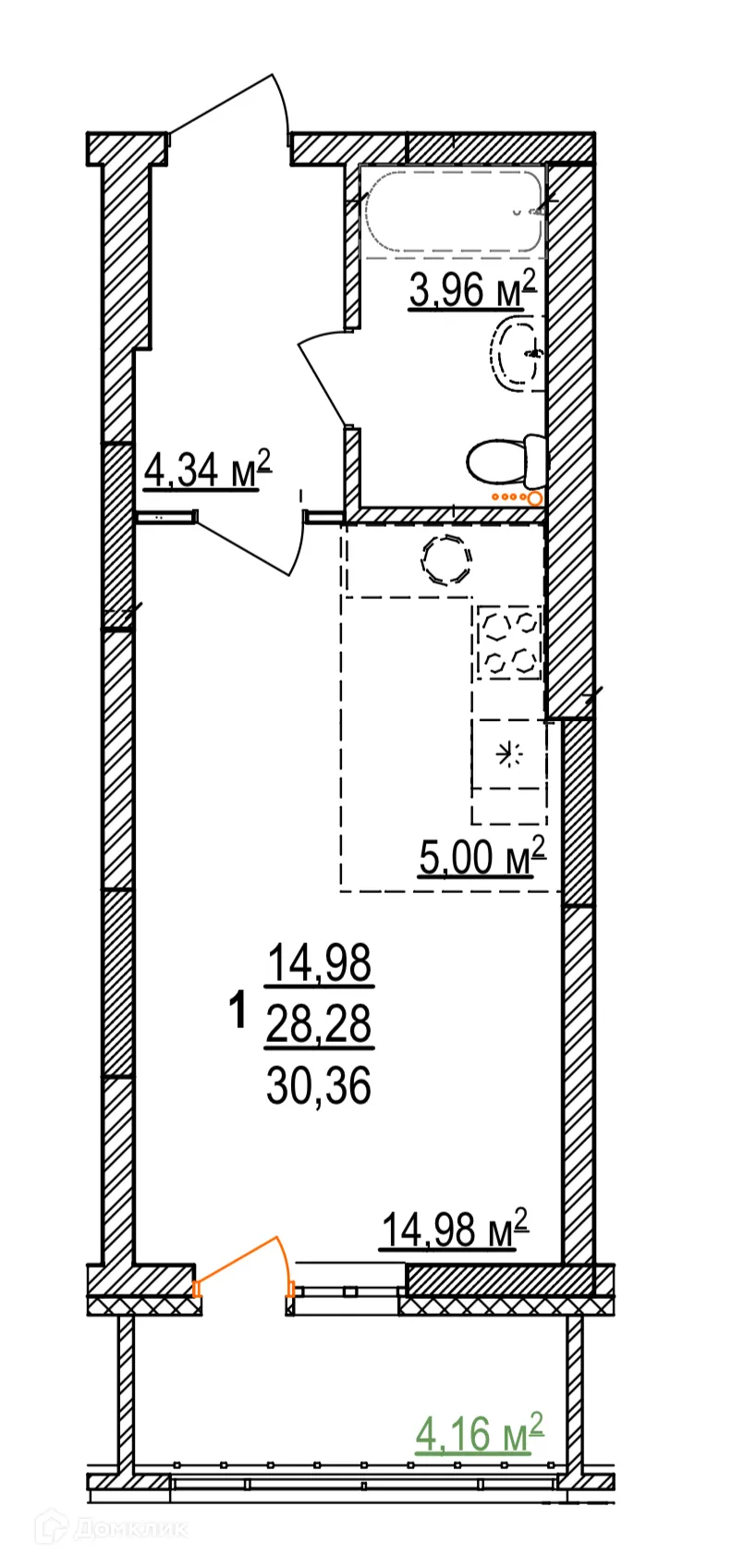 Планировка 1-комнатной квартиры 30.36 м² в ЖК Дом на Бородинской, г. Уфа — фото 1