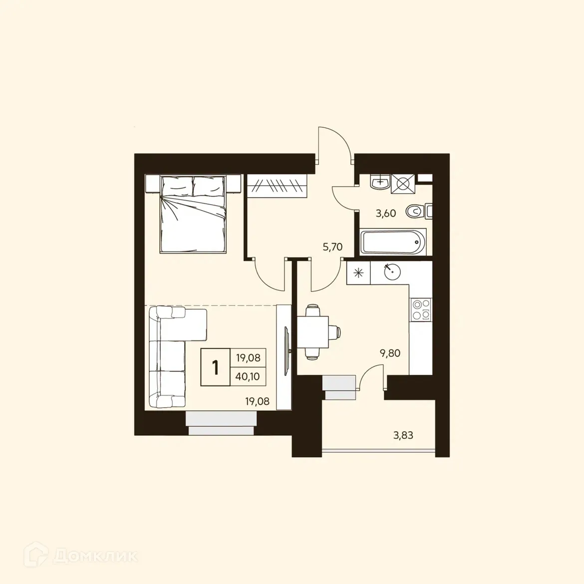 Планировка 1-комнатной квартиры 40.1 м² в ЖК MATUR (МАТУР), г. Уфа — фото 1