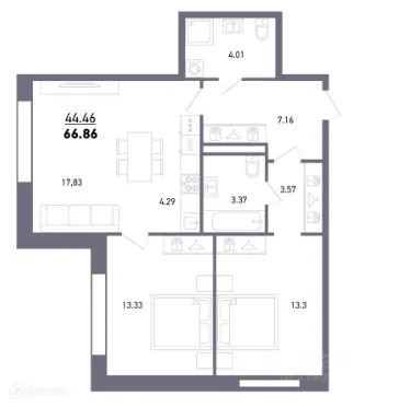 Планировка 3-комнатной квартиры 68.9 м² в ЖК Умный дом, г. Уфа — фото 1