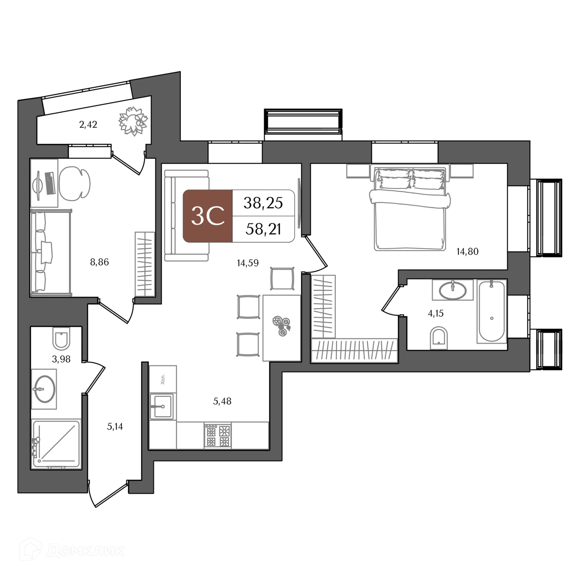 Планировка 3-комнатной квартиры 58.21 м² в ЖК "ХОЛМОГОРЫ", г. Уфа — фото 1