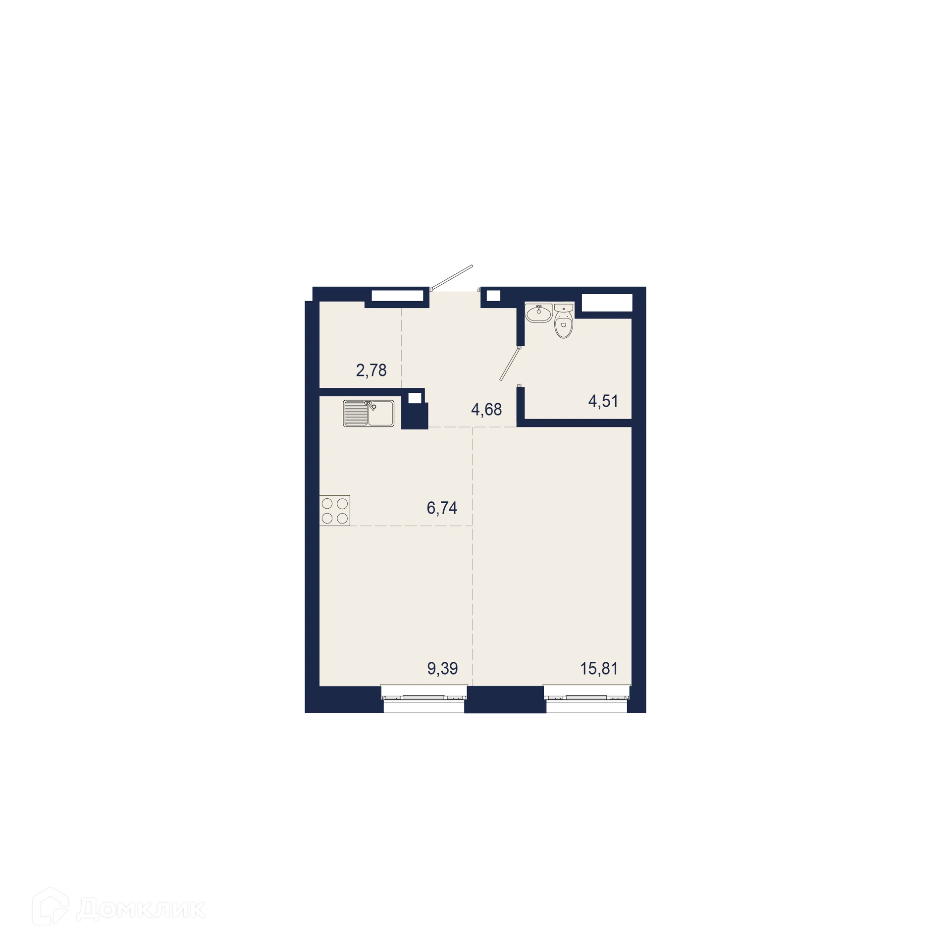 Планировка 2-комнатной квартиры 43.91 м² в ЖК NEW BRIDGE (Нью Бридж), г. Уфа — фото 1