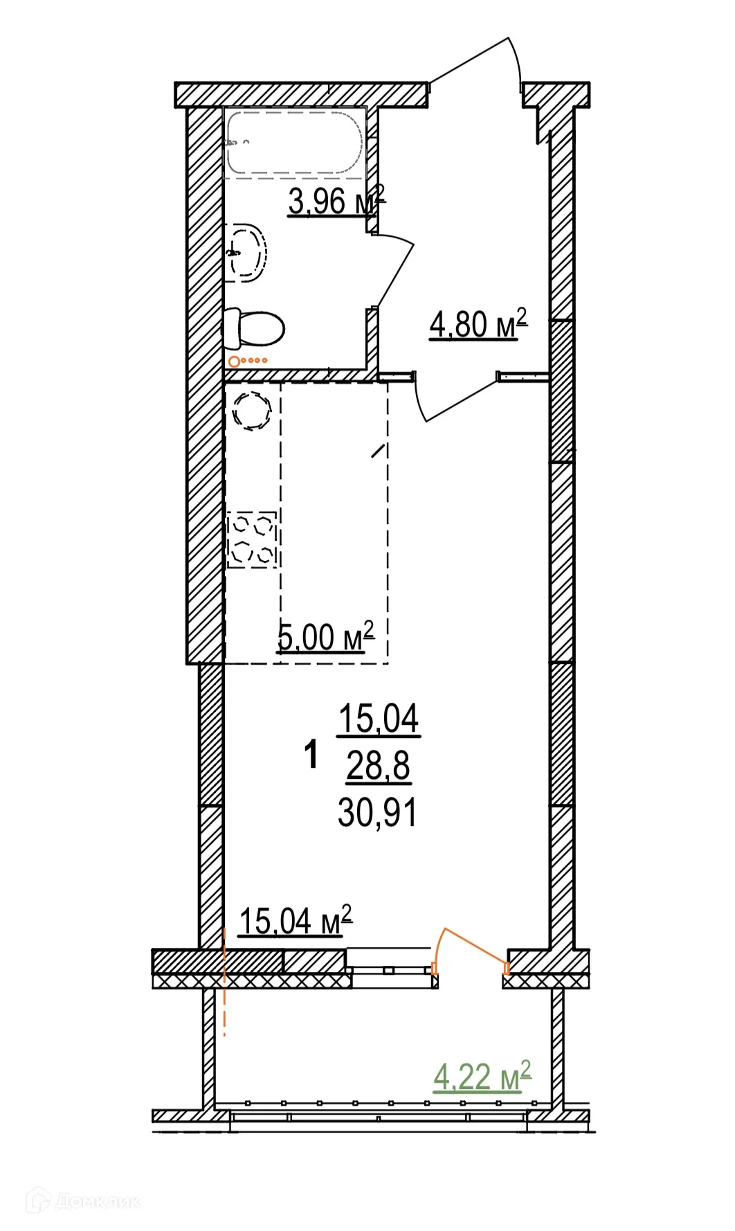 Планировка 1-комнатной квартиры 30.91 м² в ЖК Дом на Бородинской, г. Уфа — фото 1