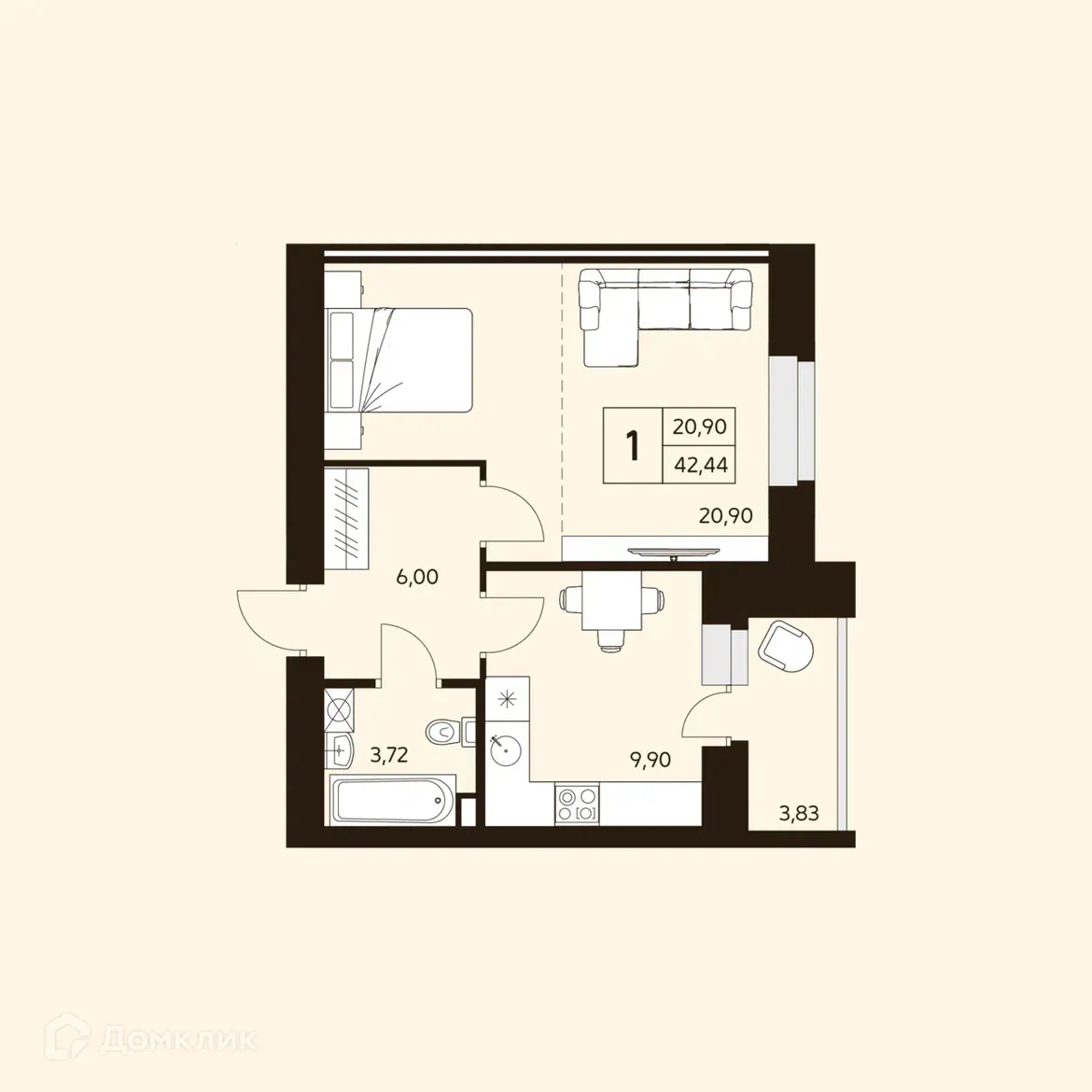 Планировка 1-комнатной квартиры 42.44 м² в ЖК MATUR (МАТУР), г. Уфа — фото 1