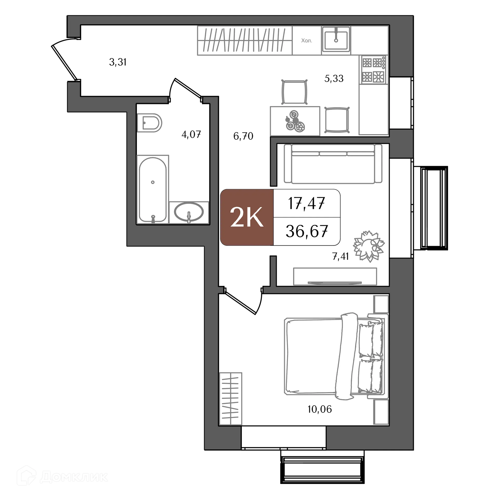 Планировка 2-комнатной квартиры 36.67 м² в ЖК "ХОЛМОГОРЫ", г. Уфа — фото 1