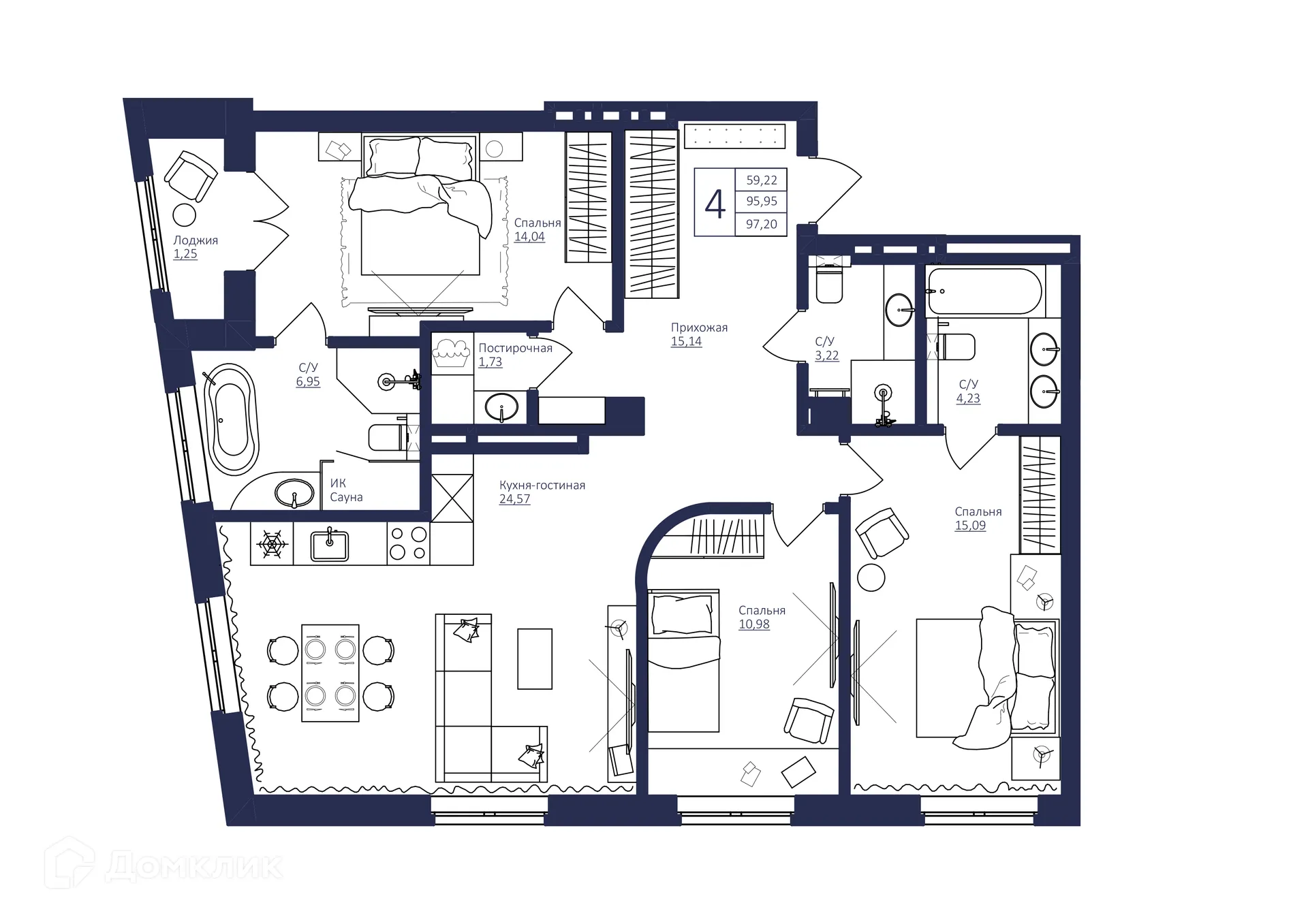 Планировка 4-комнатной квартиры 97.3 м² в ЖК NEW BRIDGE (Нью Бридж), г. Уфа — фото 1