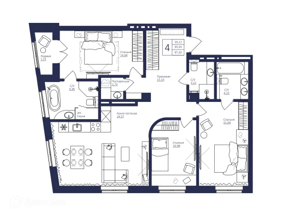 Планировка 4 комн. в ЖК NEW BRIDGE (Нью Бридж)