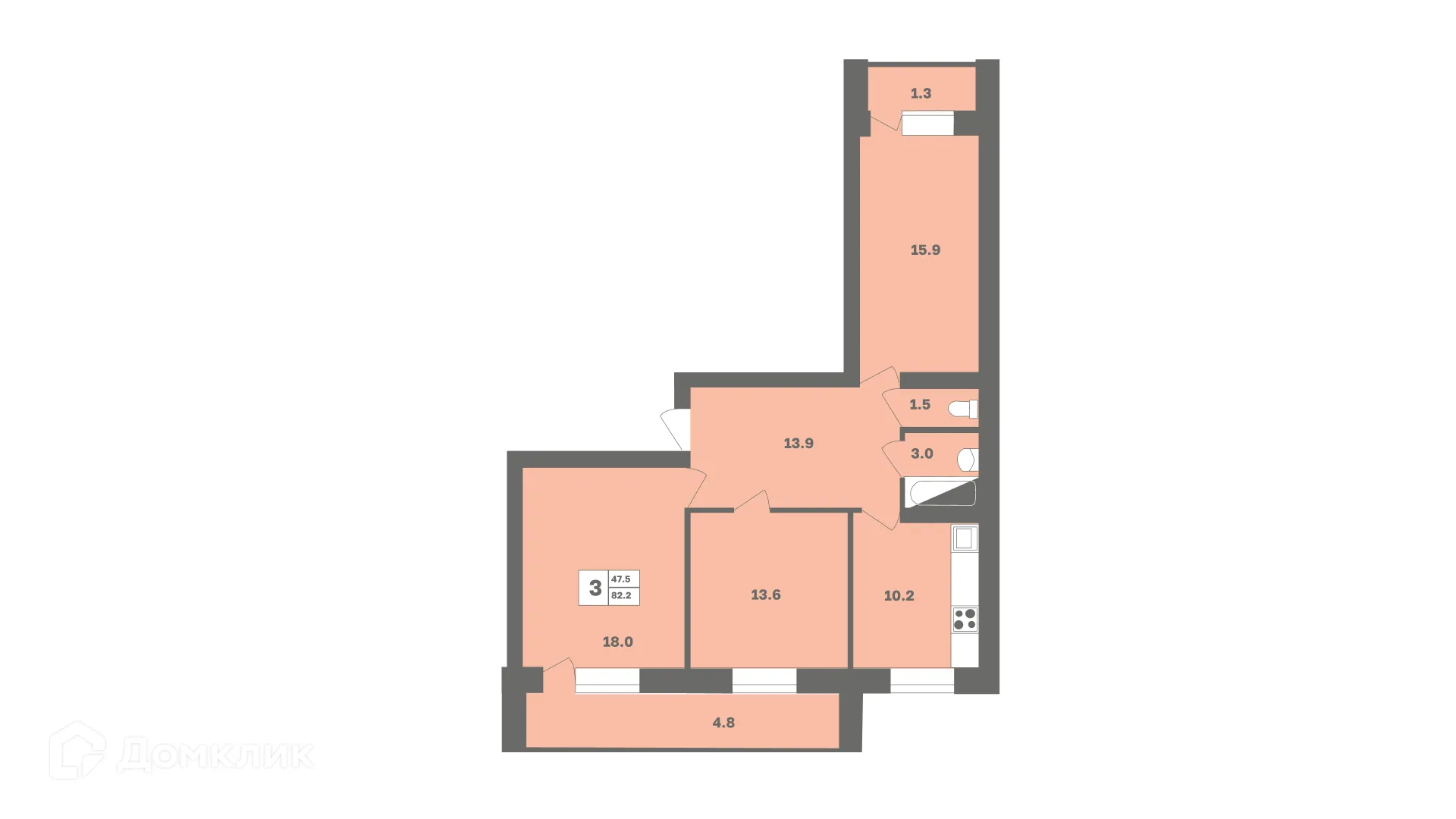 Планировка 3-комнатной квартиры 82.2 м² в ЖК Мечтателей, г. Уфа — фото 1