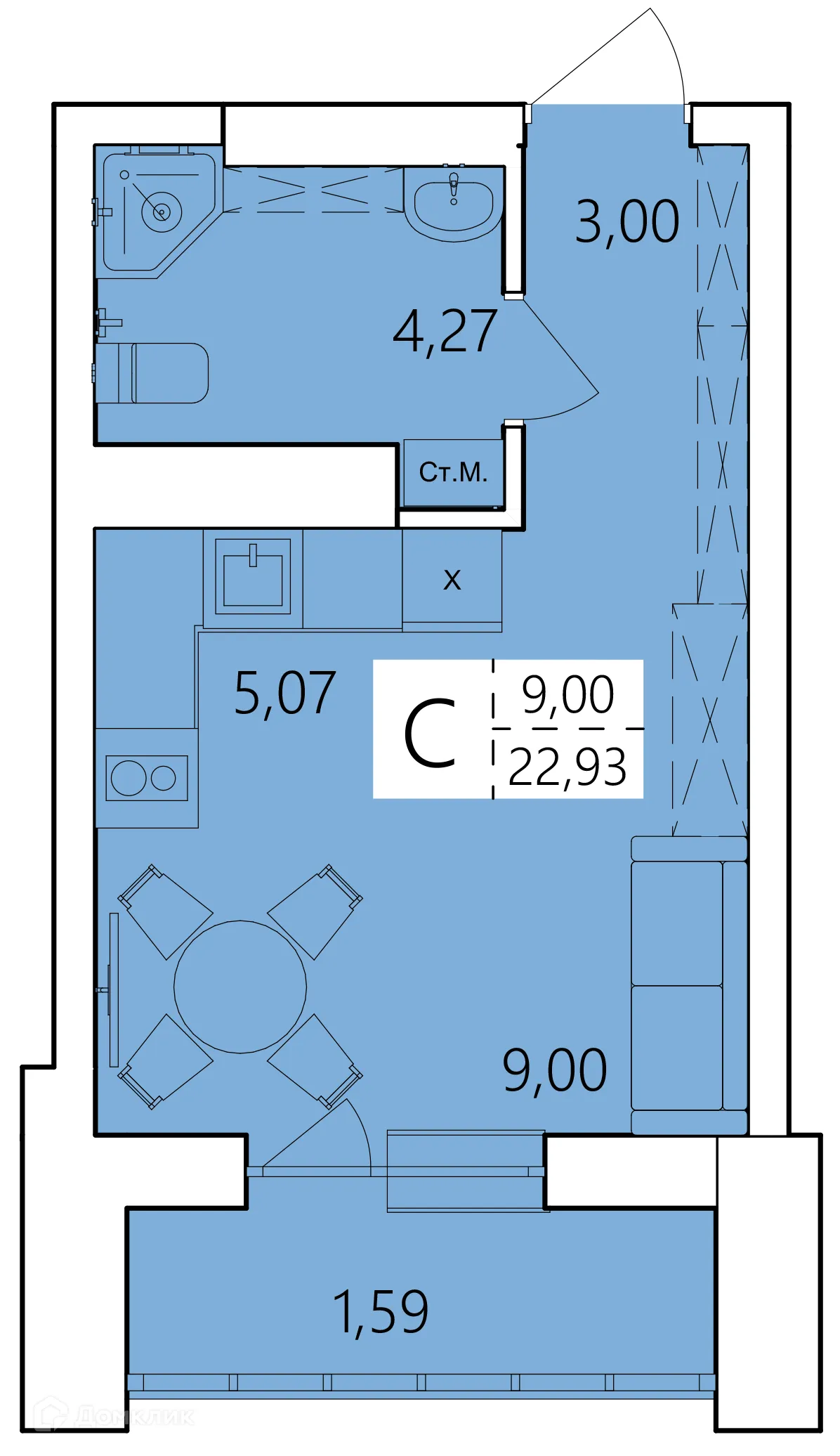Планировка студии квартиры 22.93 м² в ЖК Волна, г. Уфа — фото 1
