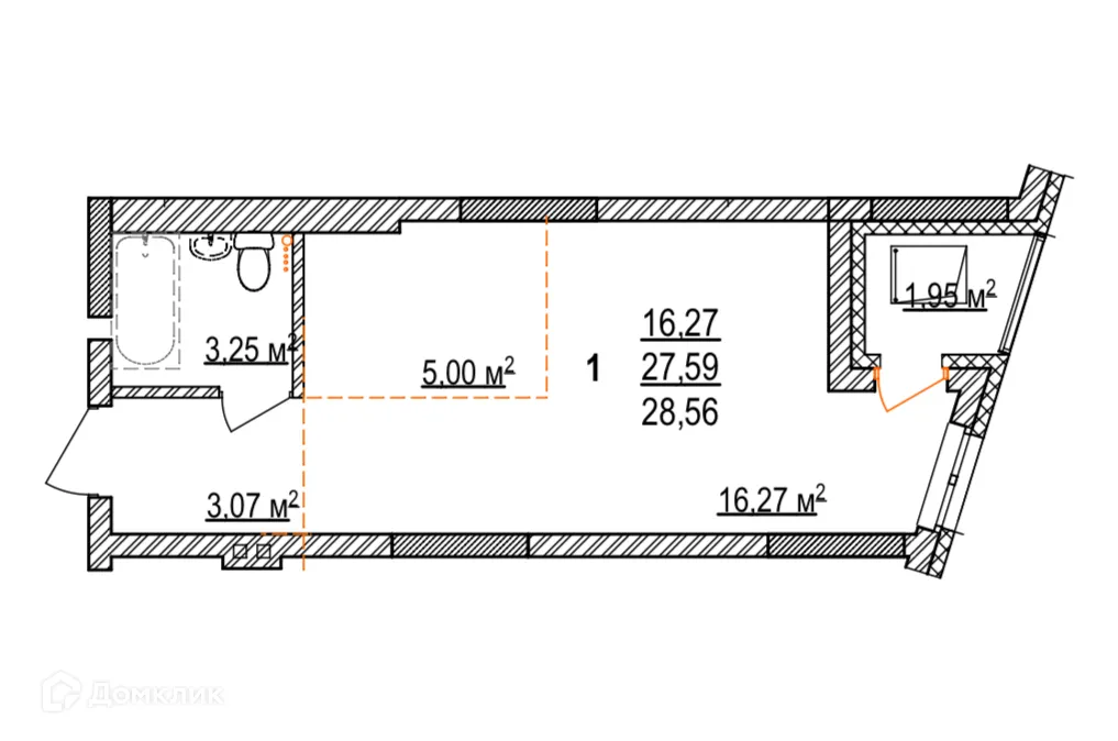 Планировка 1-комнатной квартиры 28.56 м² в ЖК Дом на Бородинской, г. Уфа — фото 1