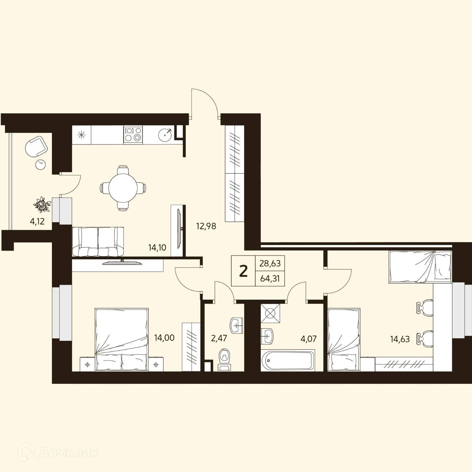 Планировка 2-комнатной квартиры 64.31 м² в ЖК MATUR (МАТУР), г. Уфа — фото 1