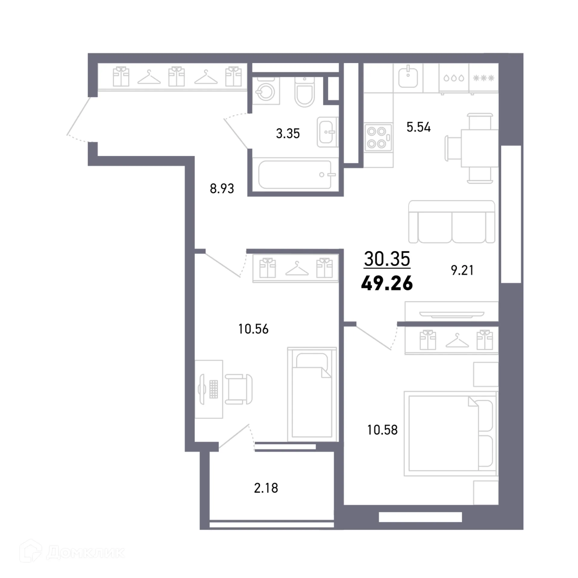 Планировка 3-комнатной квартиры 51 м² в ЖК Умный дом, г. Уфа — фото 1