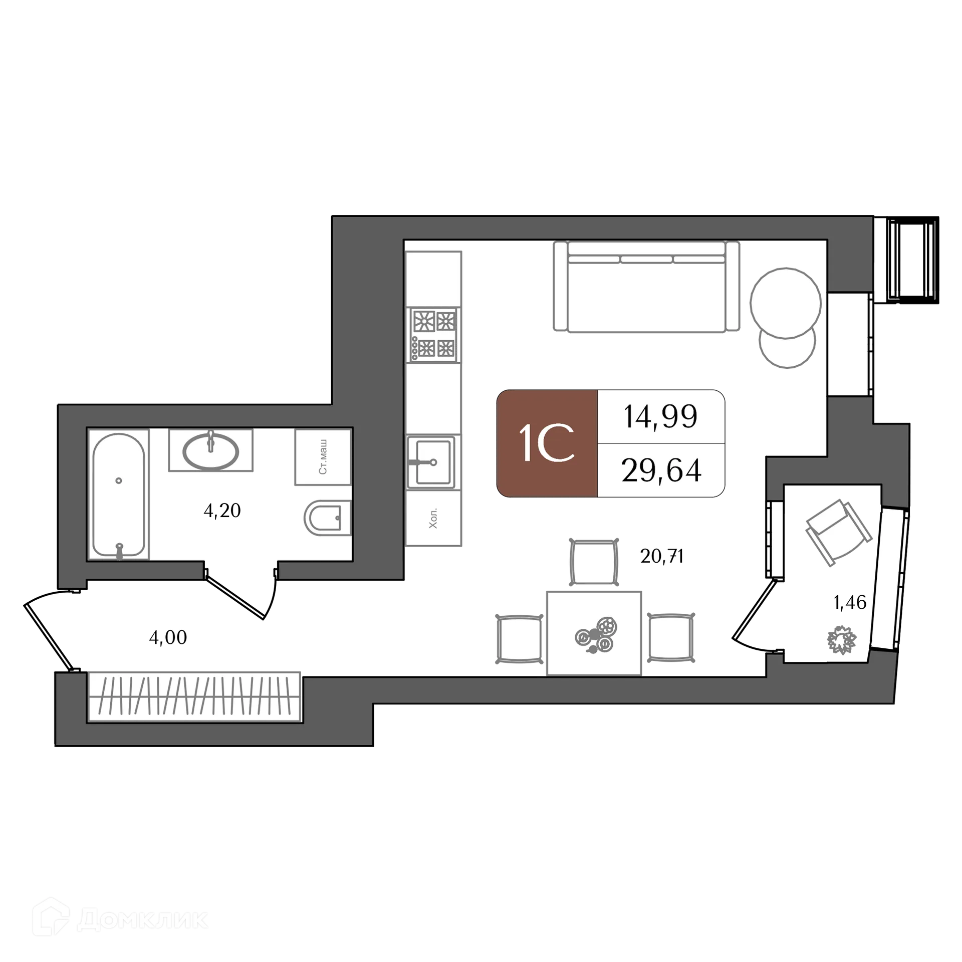 Планировка студии квартиры 29.64 м² в ЖК "ХОЛМОГОРЫ", г. Уфа — фото 1