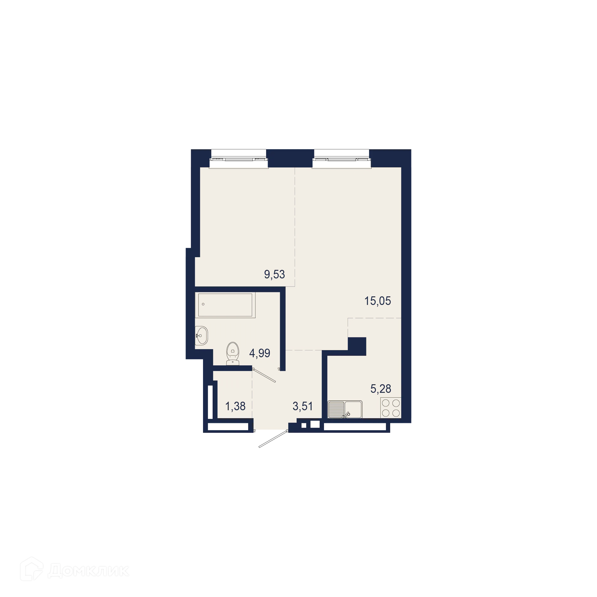 Планировка 2-комнатной квартиры 39.74 м² в ЖК NEW BRIDGE (Нью Бридж), г. Уфа — фото 1