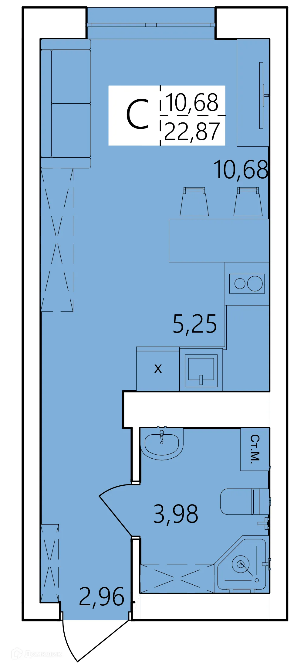 Планировка студии квартиры 22.87 м² в ЖК Волна, г. Уфа — фото 1