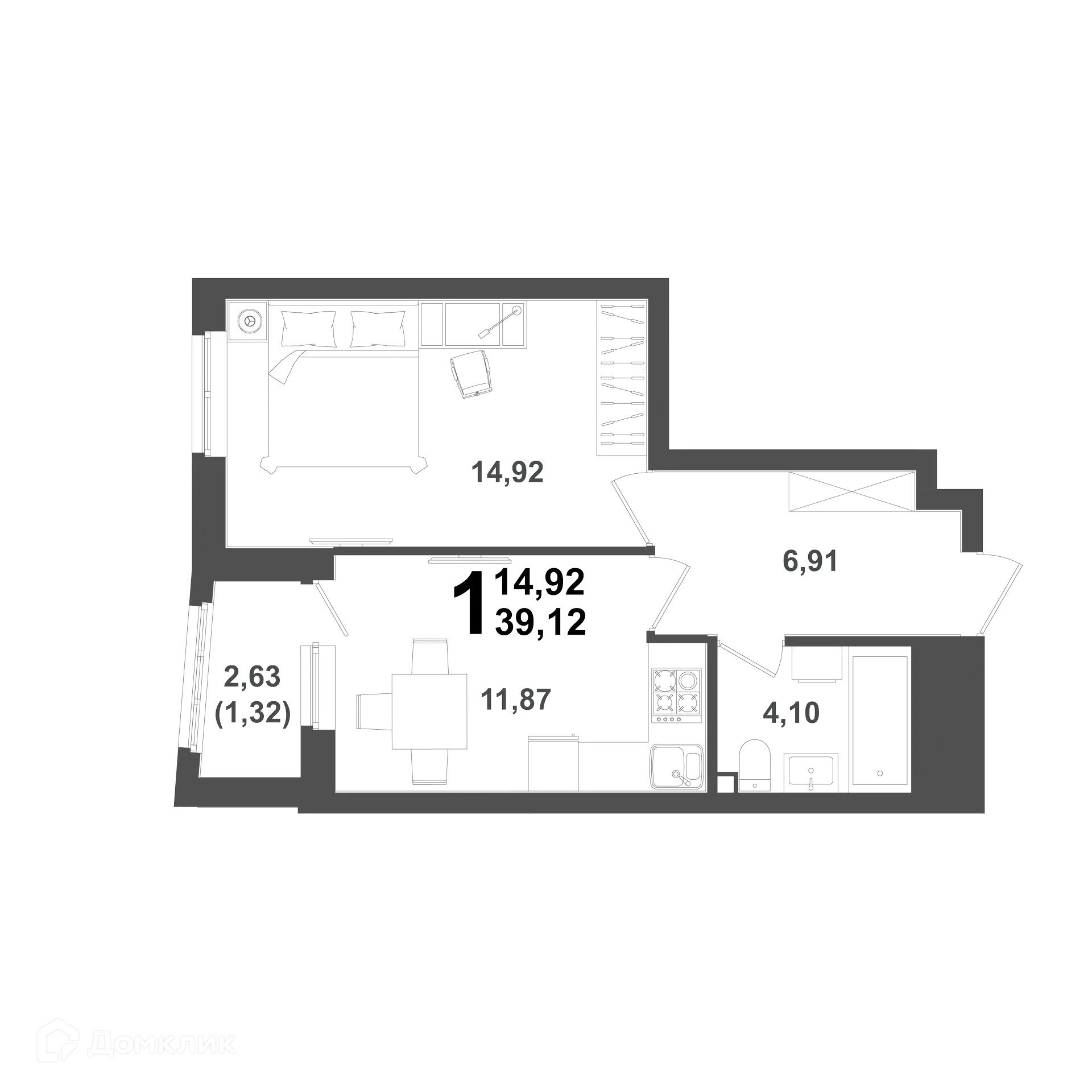Планировка 1-комнатной квартиры 39.12 м² в ЖК "ХОЛМОГОРЫ", г. Уфа — фото 1