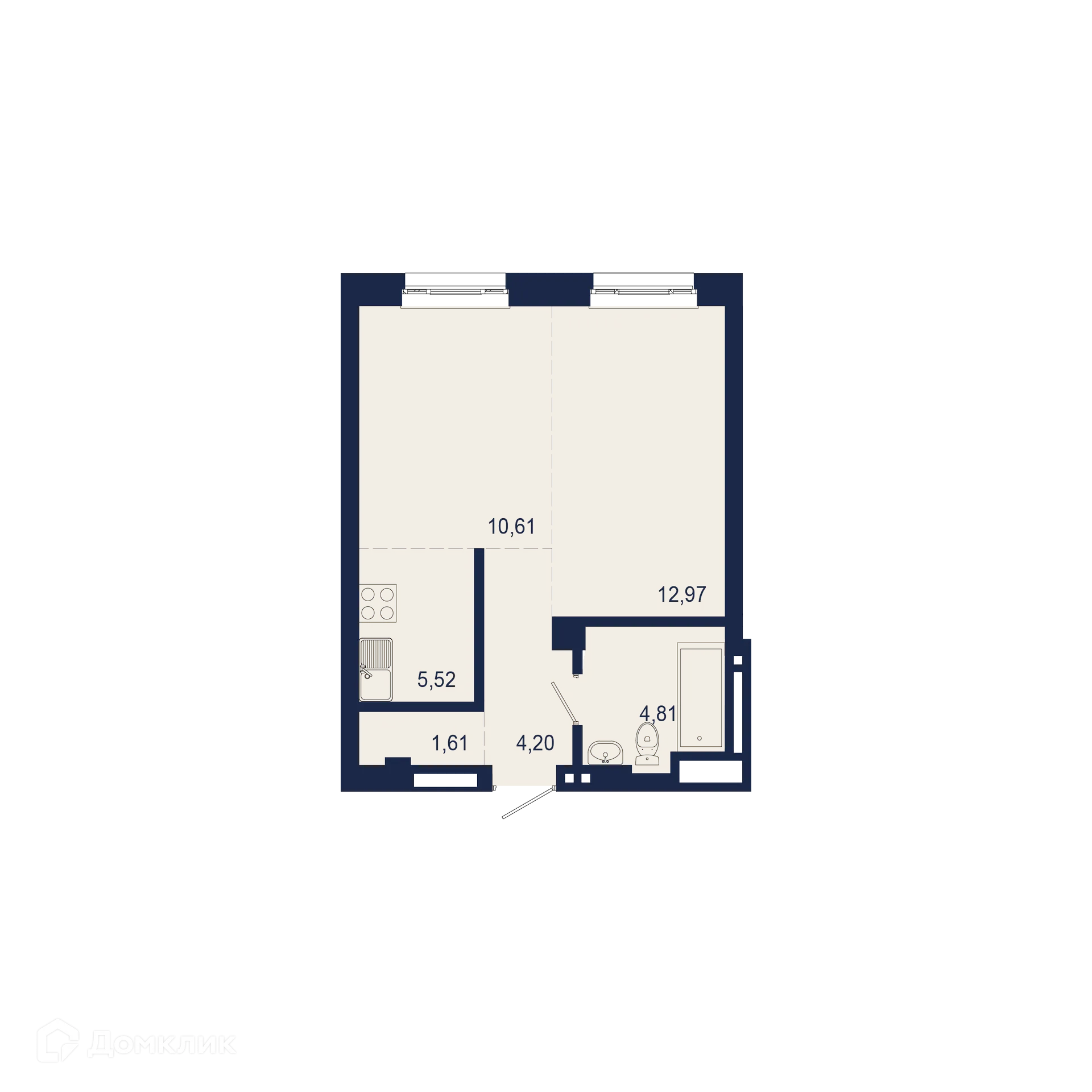 Планировка 2-комнатной квартиры 39.72 м² в ЖК NEW BRIDGE (Нью Бридж), г. Уфа — фото 1