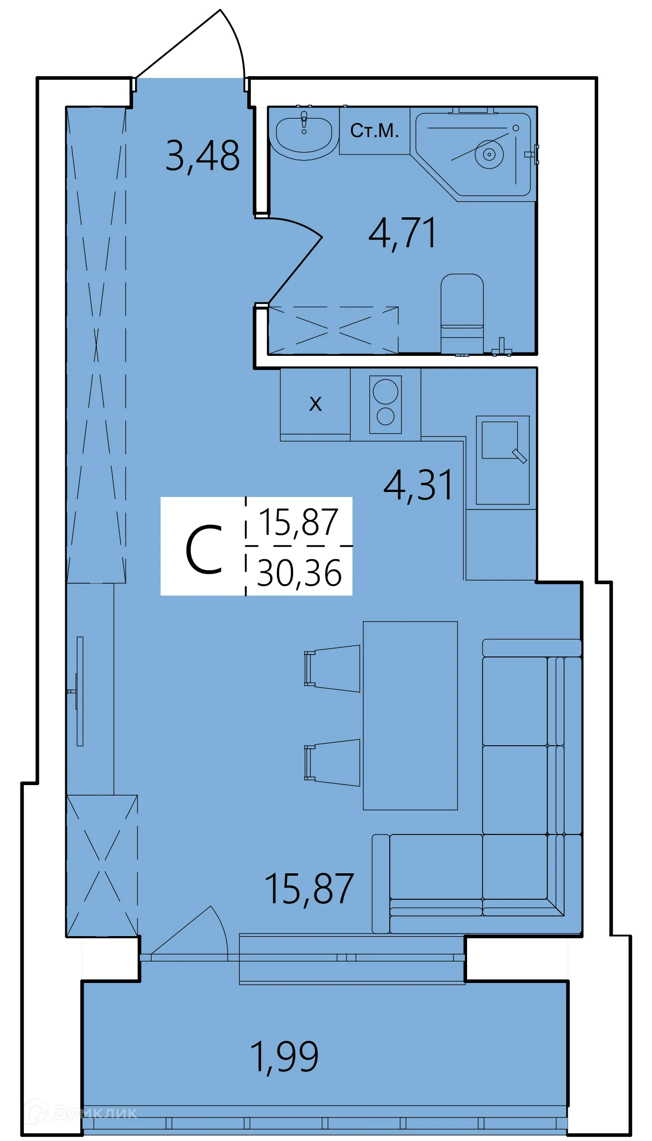 Планировка студии квартиры 30.36 м² в ЖК Волна, г. Уфа — фото 1