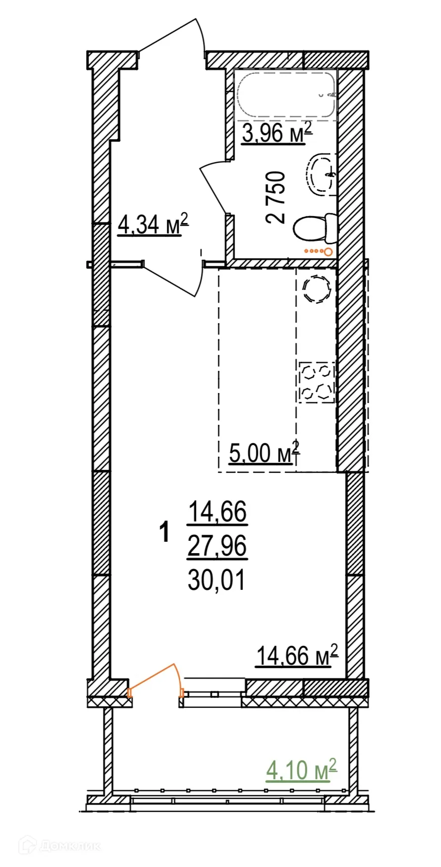Планировка 1-комнатной квартиры 30.01 м² в ЖК Дом на Бородинской, г. Уфа — фото 1