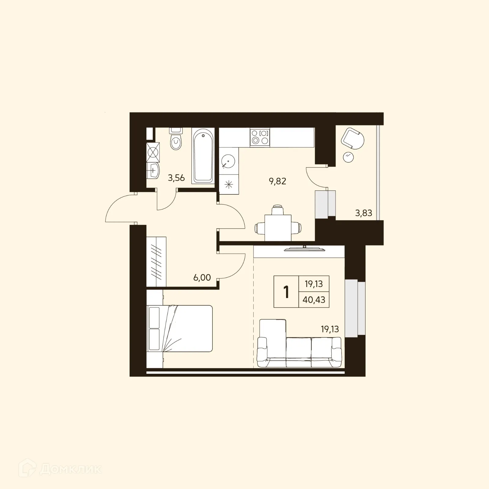 Планировка 1-комнатной квартиры 40.43 м² в ЖК MATUR (МАТУР), г. Уфа — фото 1