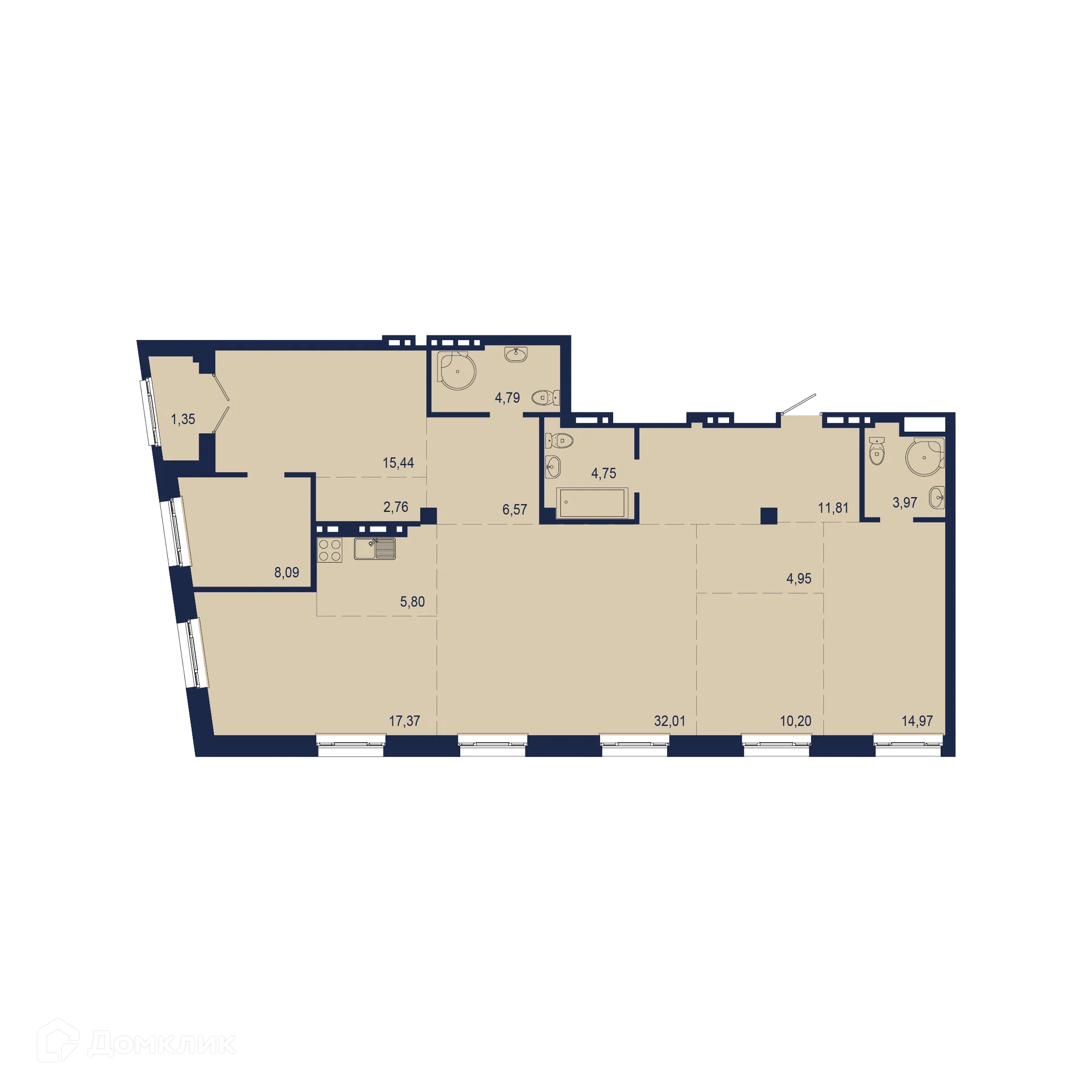 Планировка 6-комнатной квартиры 144.83 м² в ЖК NEW BRIDGE (Нью Бридж), г. Уфа — фото 1