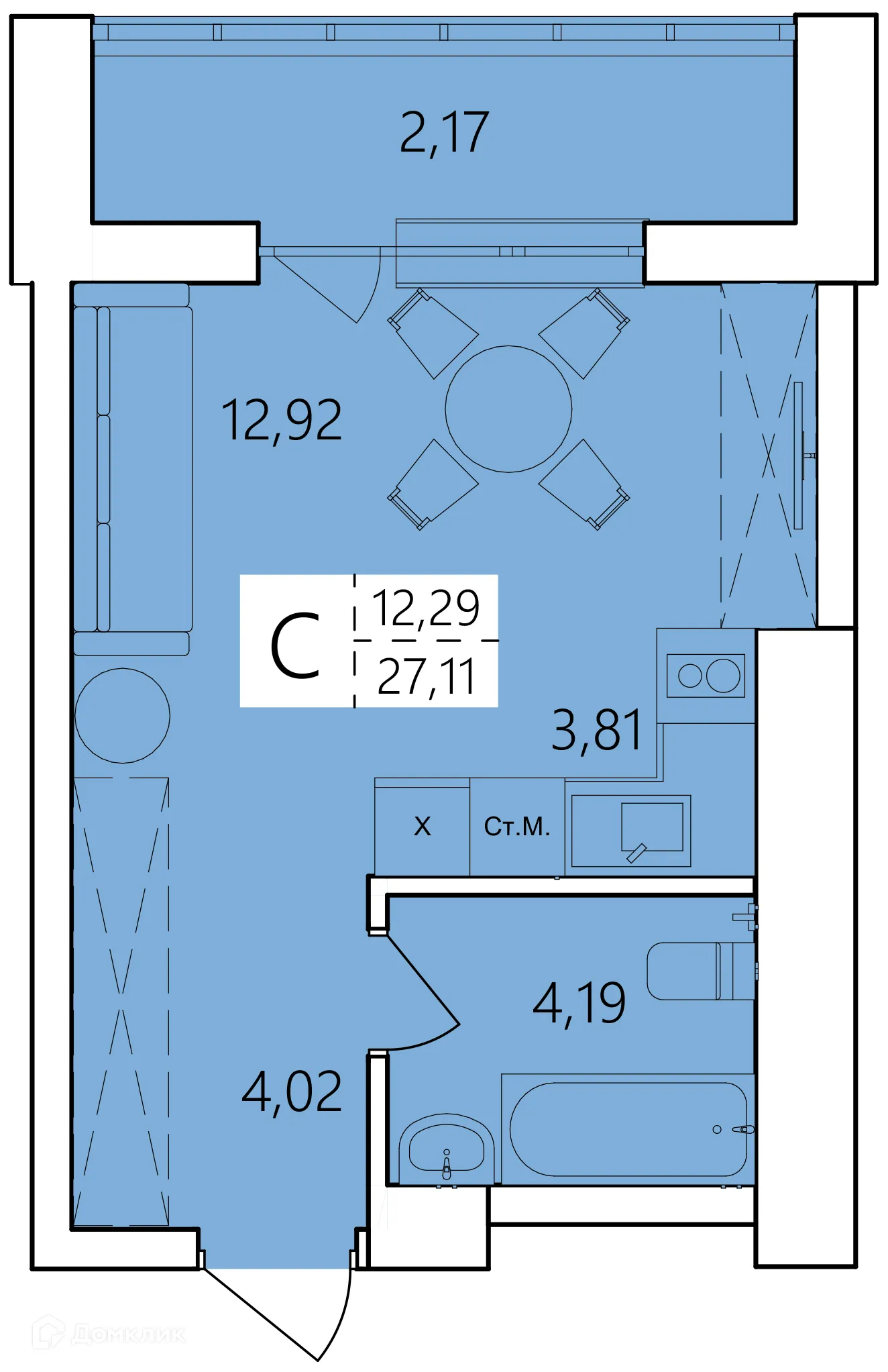 Планировка студии квартиры 27.11 м² в ЖК Волна, г. Уфа — фото 1