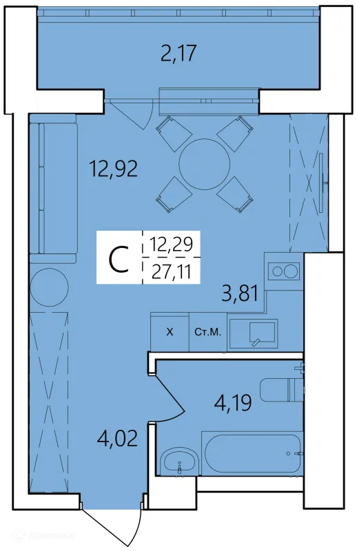 Планировка Студия в ЖК Волна