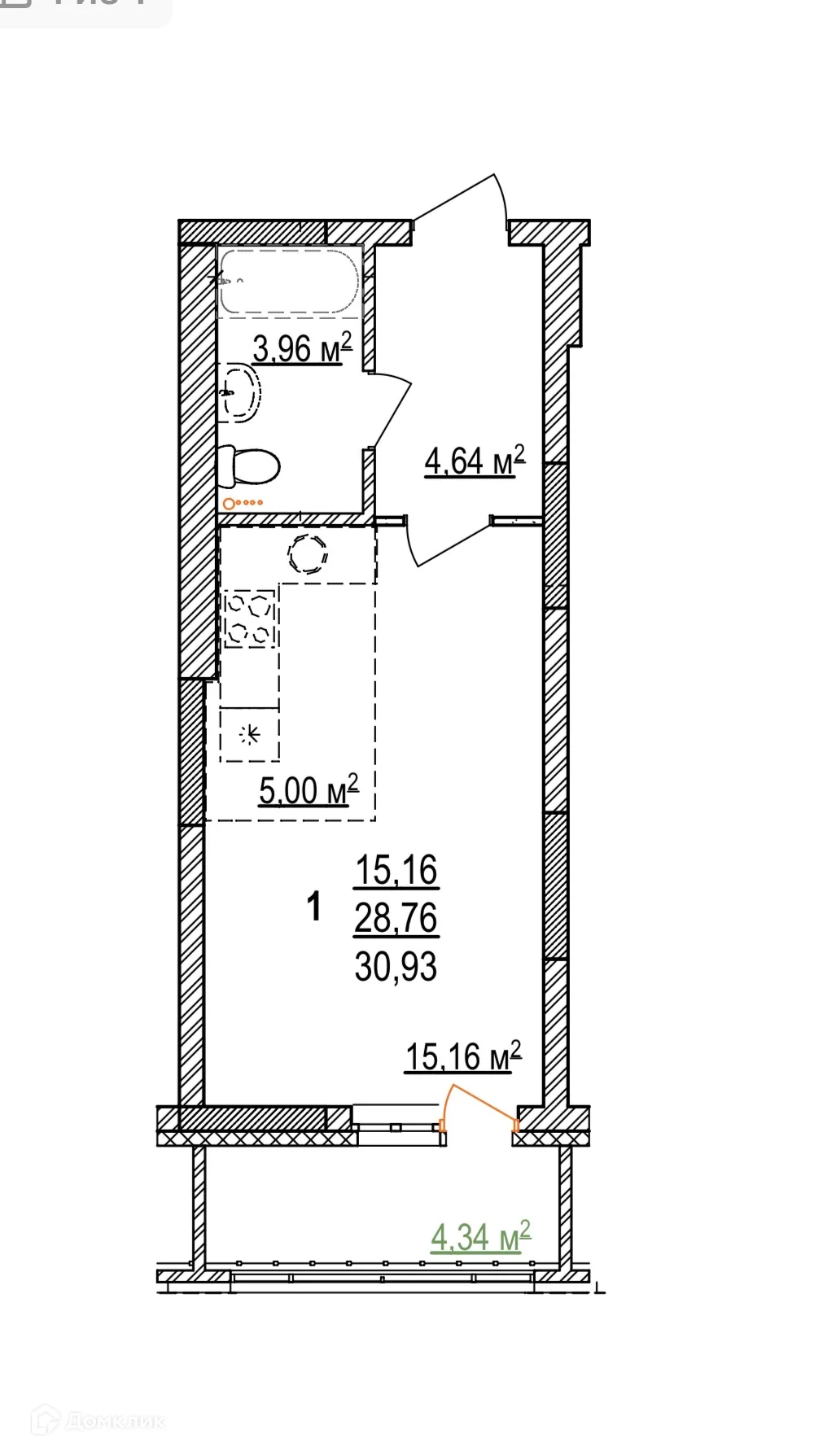 Планировка 1-комнатной квартиры 30.93 м² в ЖК Дом на Бородинской, г. Уфа — фото 1