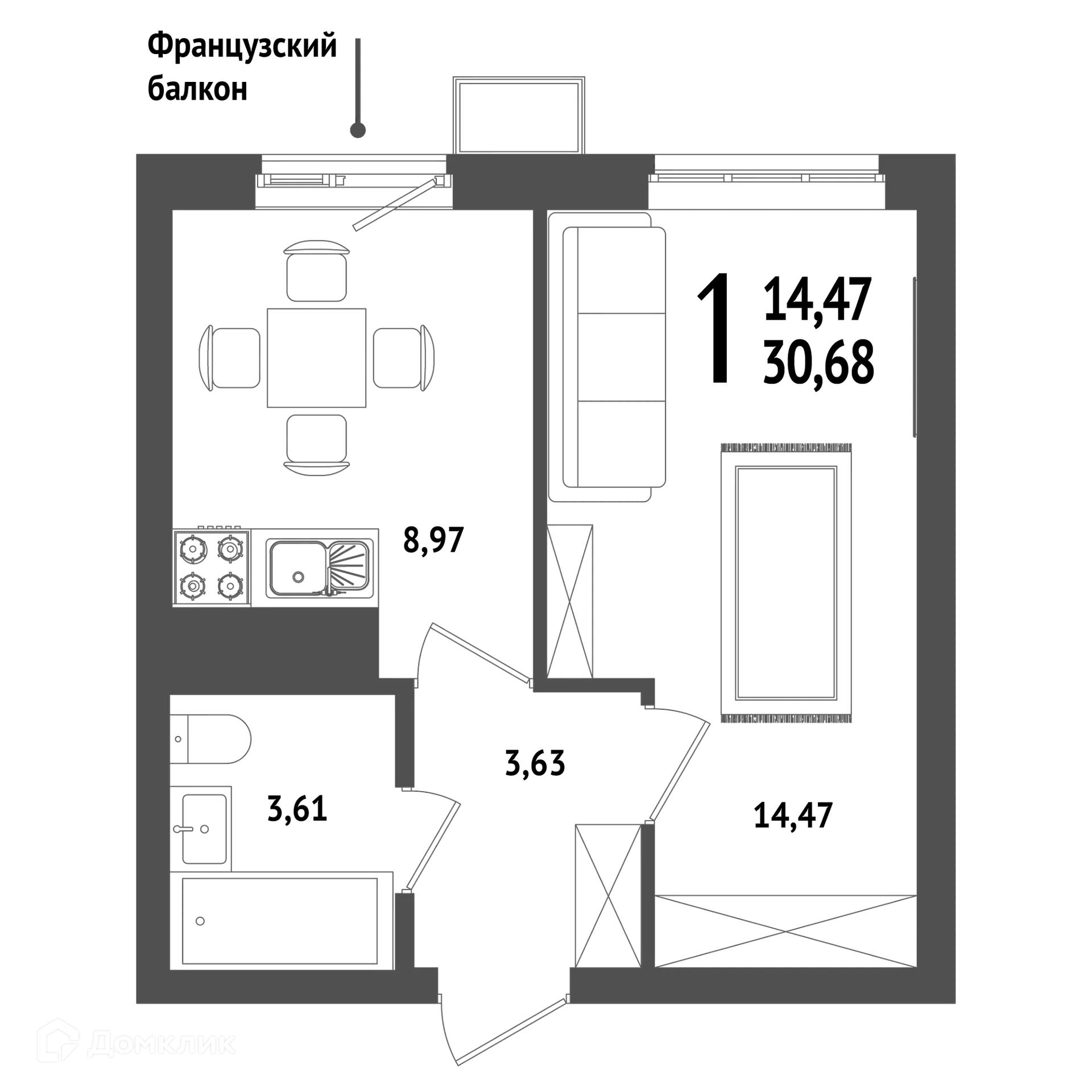 Планировка 1-комнатной квартиры 30.68 м² в ЖК "ХОЛМОГОРЫ", г. Уфа — фото 1