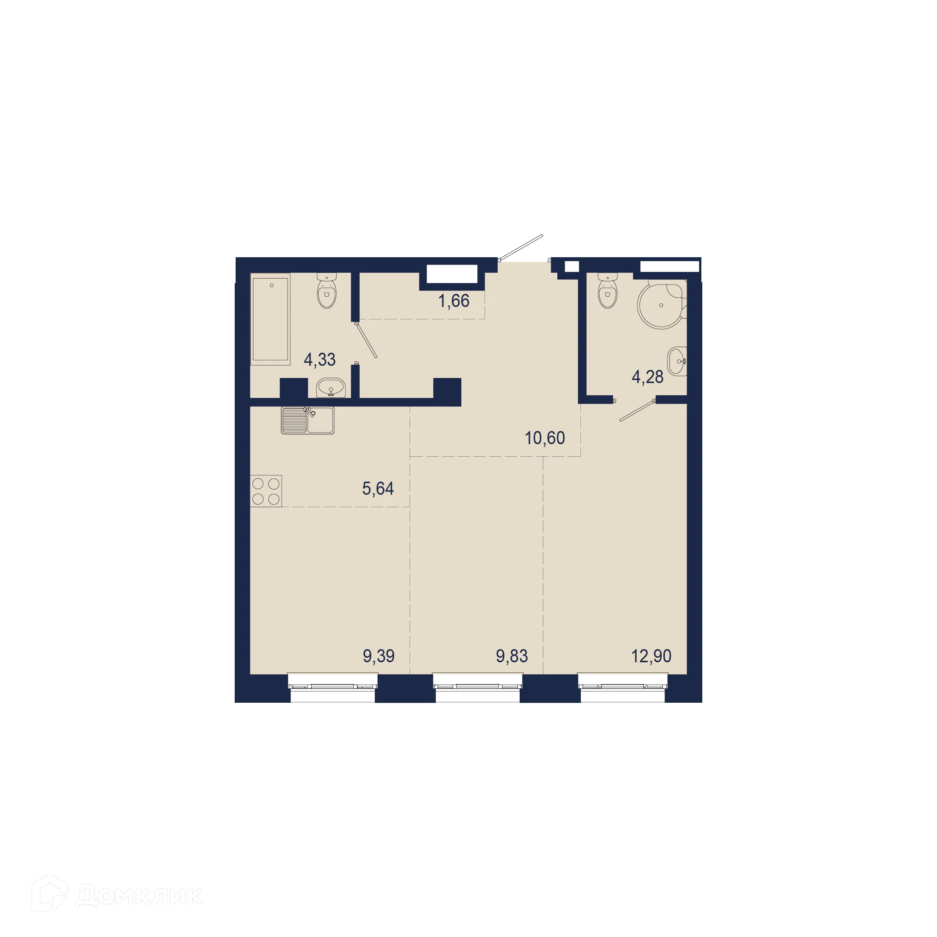 Планировка 3-комнатной квартиры 58.63 м² в ЖК NEW BRIDGE (Нью Бридж), г. Уфа — фото 1