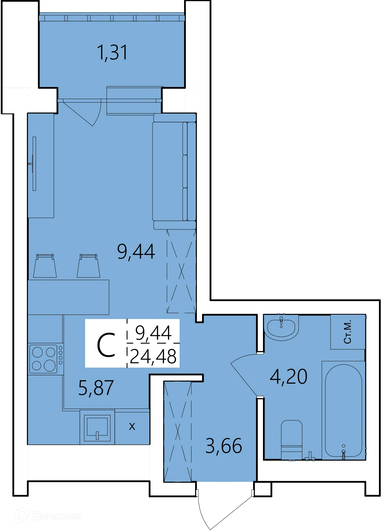 Планировка студии квартиры 24.48 м² в ЖК Волна, г. Уфа — фото 1