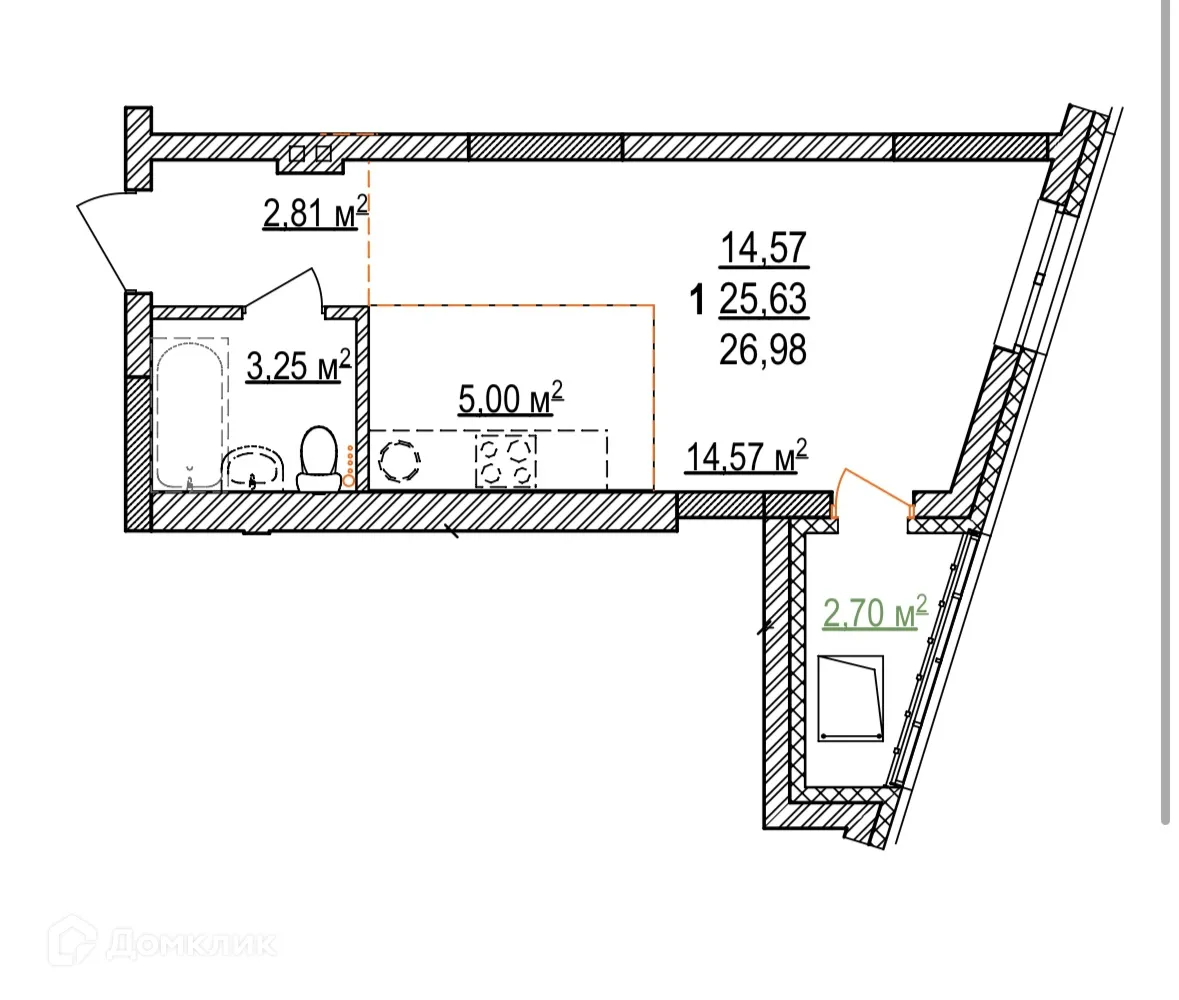 Планировка 1-комнатной квартиры 26.98 м² в ЖК Дом на Бородинской, г. Уфа — фото 1