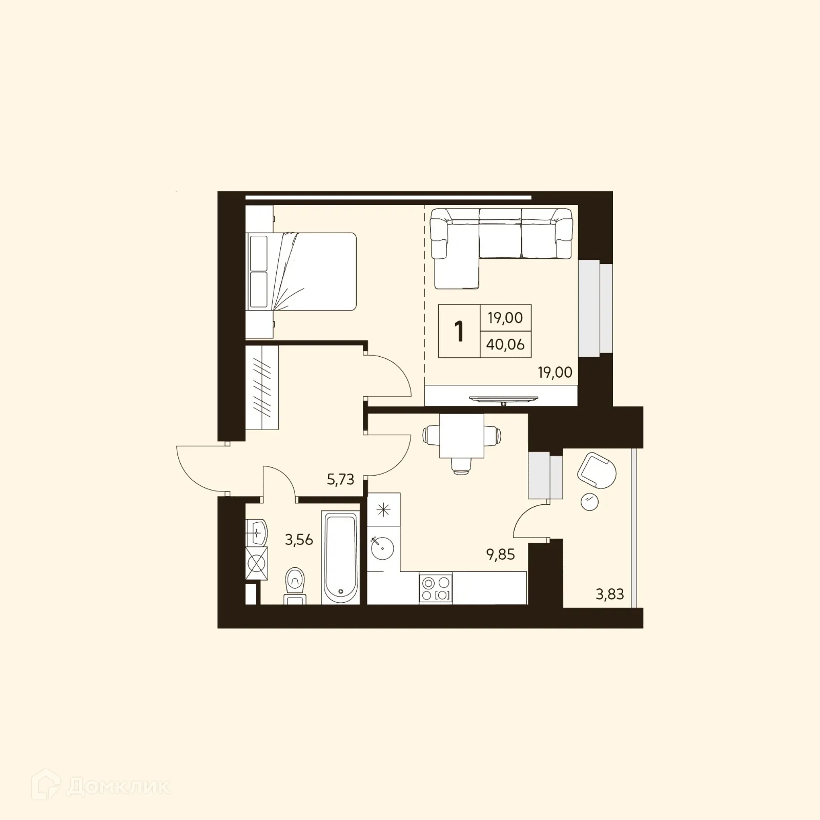 Планировка 1-комнатной квартиры 40.06 м² в ЖК MATUR (МАТУР), г. Уфа — фото 1