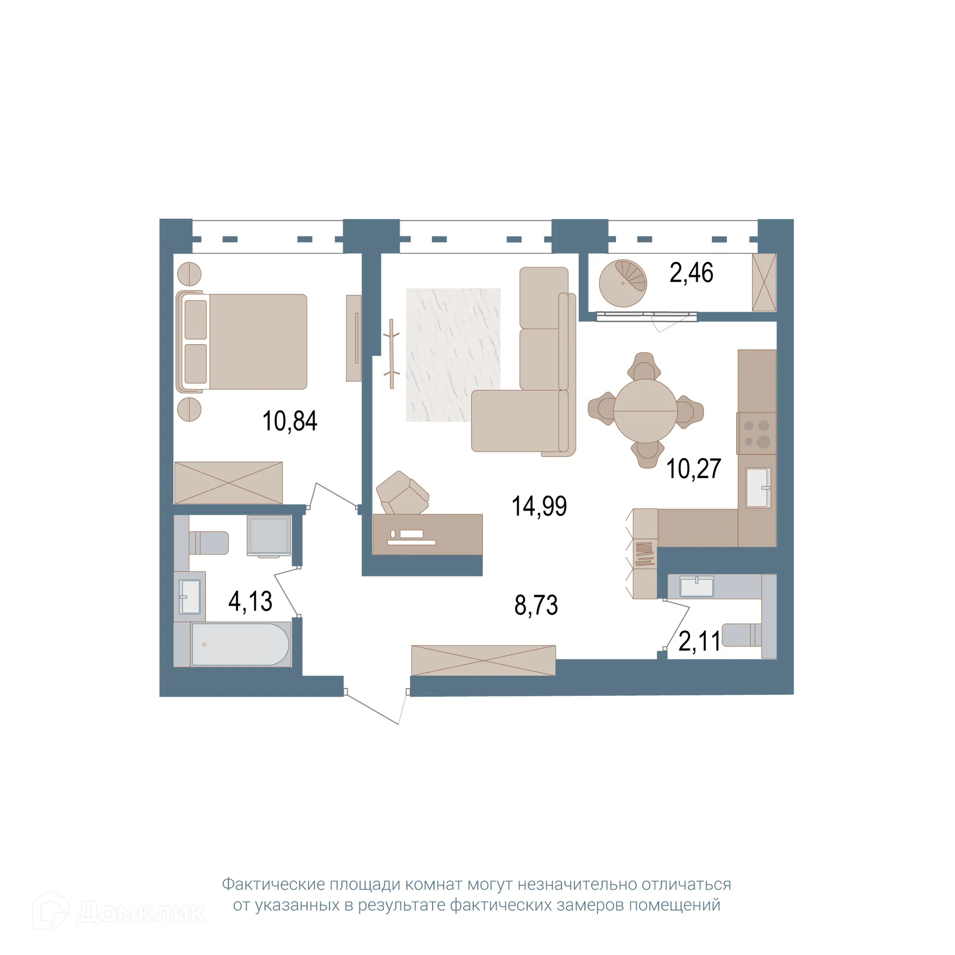 Планировка 2-комнатной квартиры 52.3 м² в ЖК Видинеевский, г. Уфа — фото 1