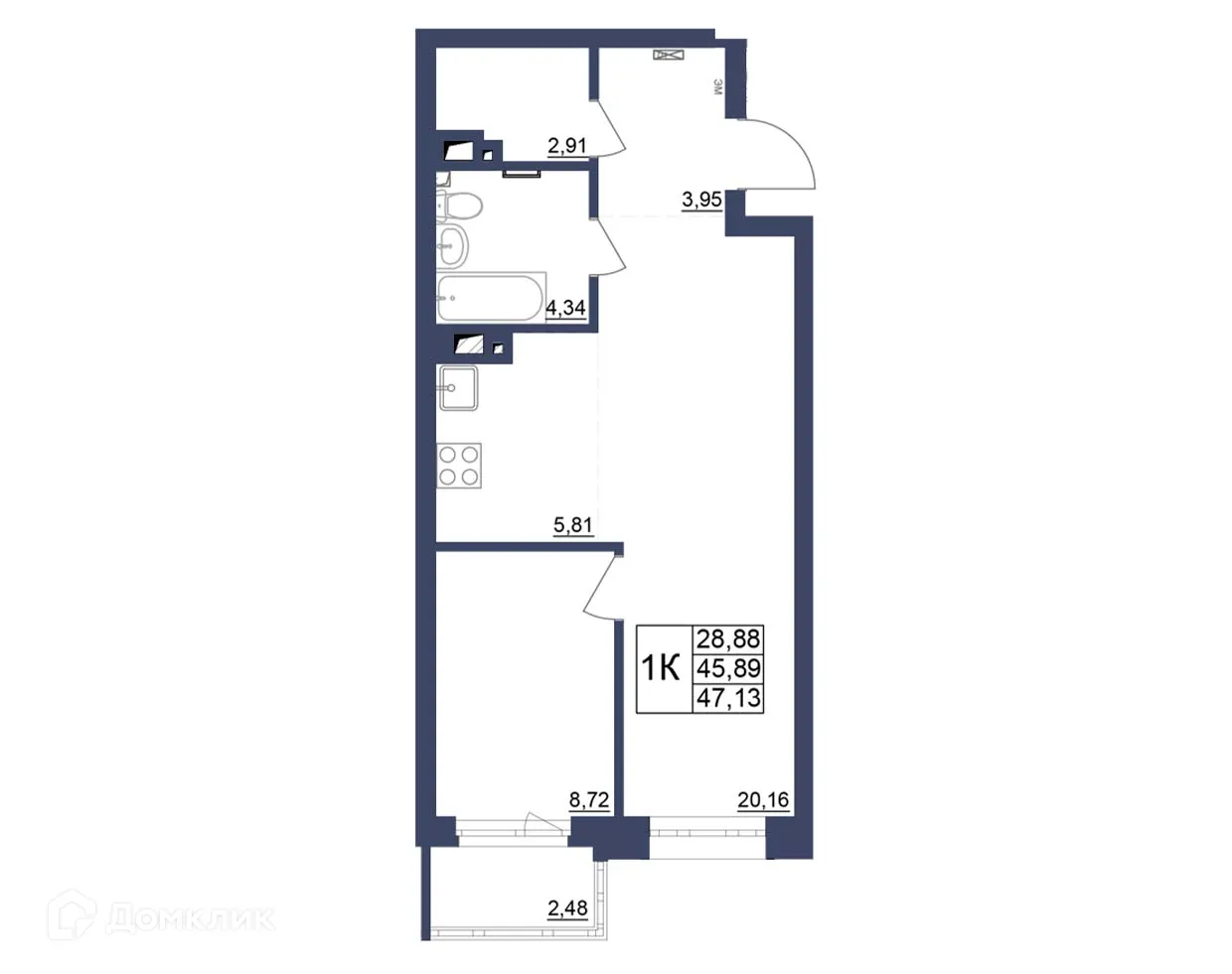 Планировка 1-комнатной квартиры 47.35 м² в ЖК Космос, г. Уфа — фото 1