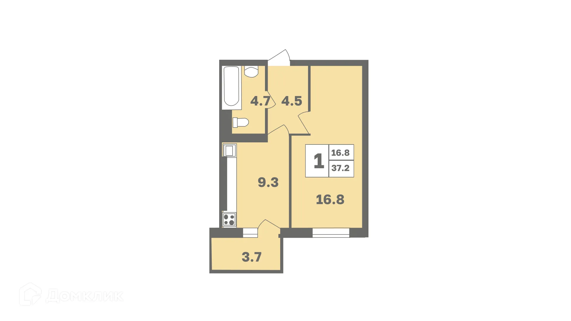 Планировка 1-комнатной квартиры 37.2 м² в ЖК Мечтателей, г. Уфа — фото 1
