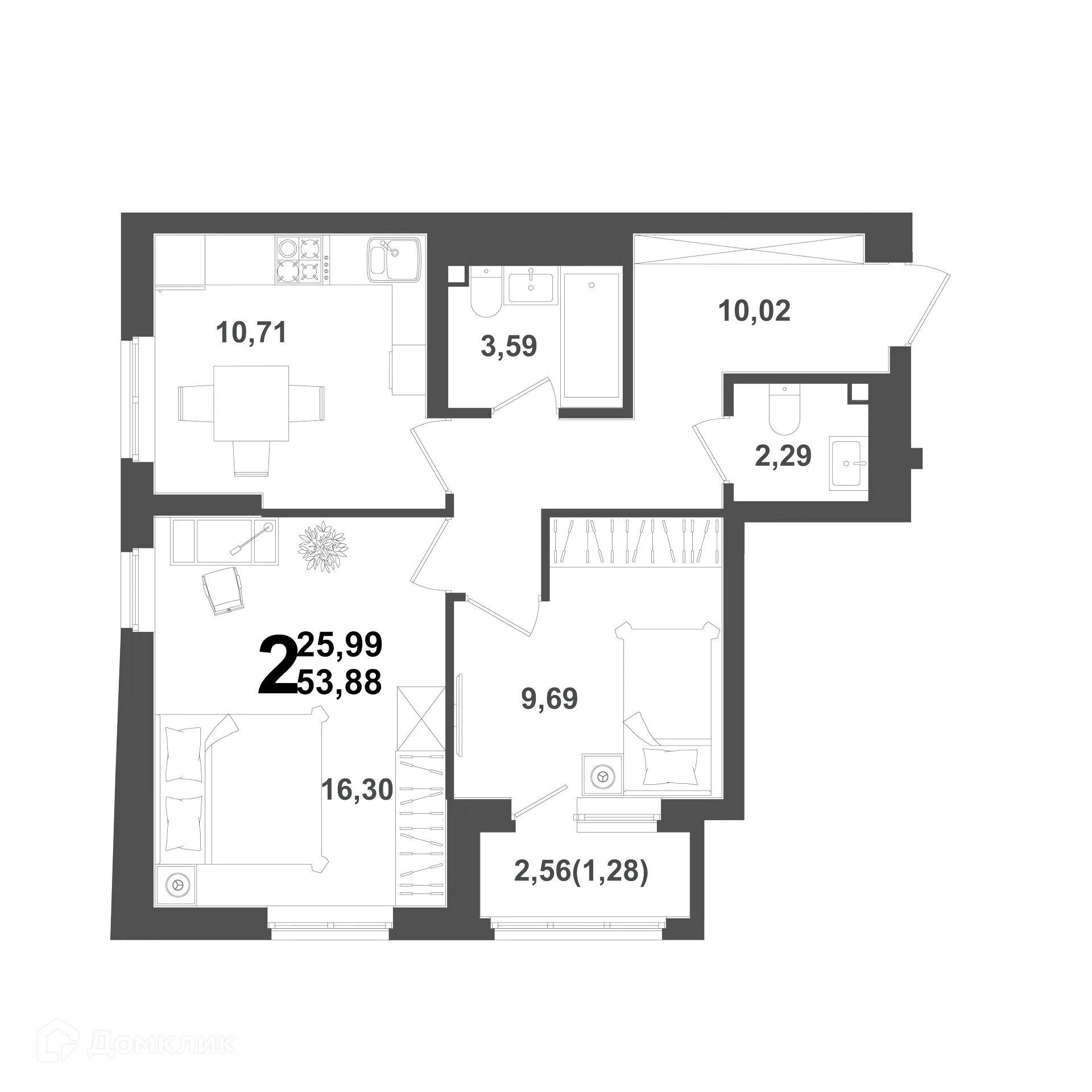Планировка 2-комнатной квартиры 53.88 м² в ЖК "ХОЛМОГОРЫ", г. Уфа — фото 1
