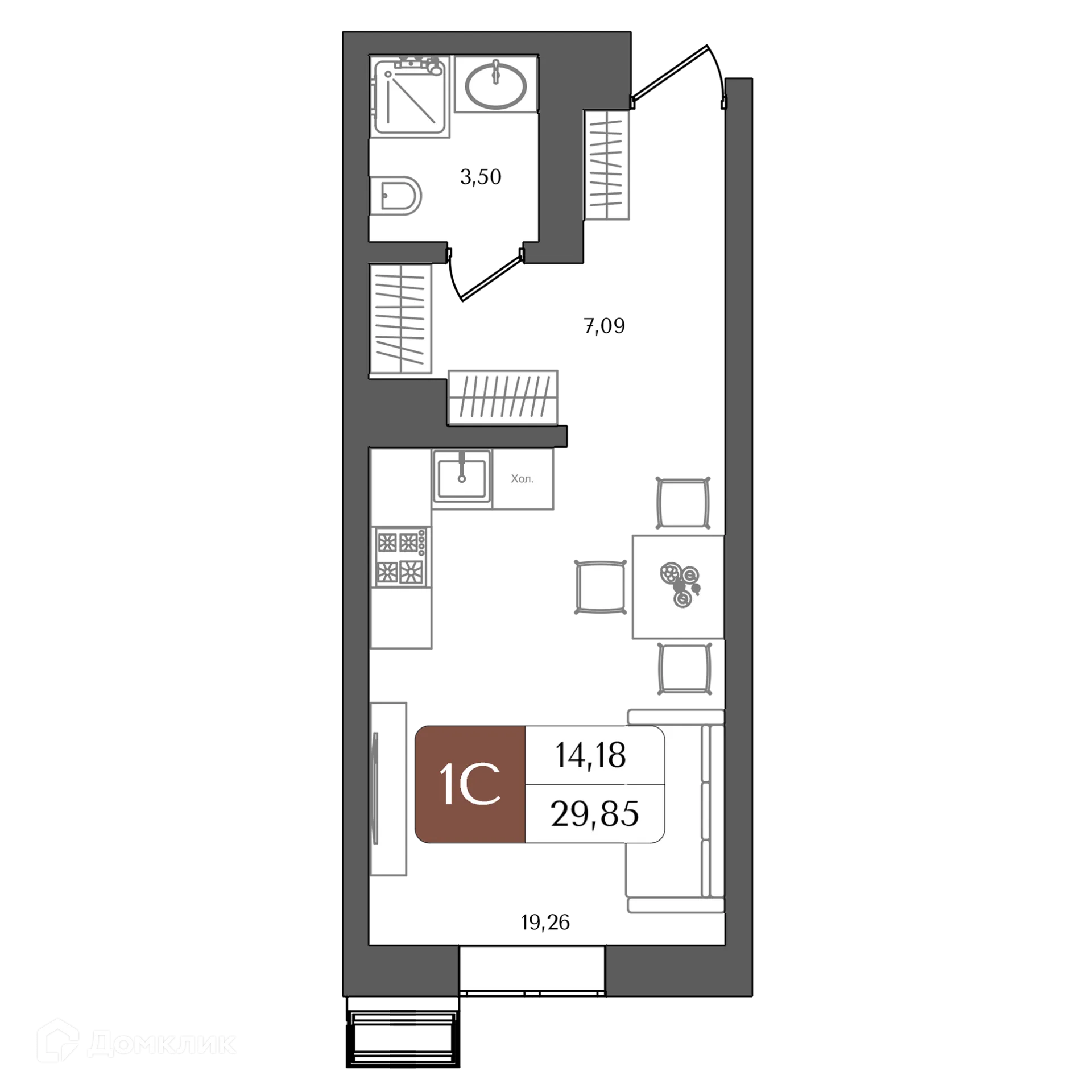 Планировка студии квартиры 29.85 м² в ЖК "ХОЛМОГОРЫ", г. Уфа — фото 1