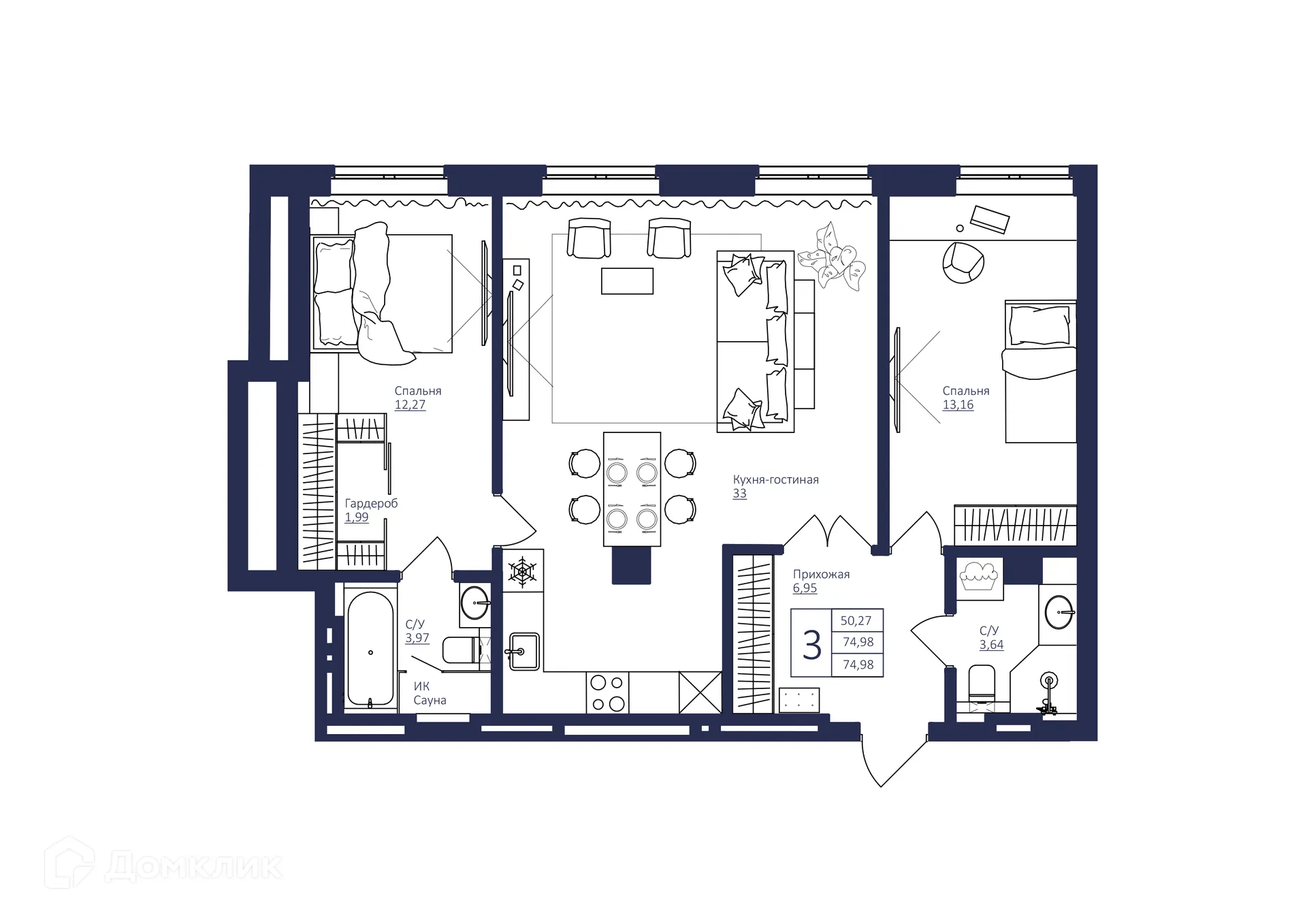 Планировка 3-комнатной квартиры 74.97 м² в ЖК NEW BRIDGE (Нью Бридж), г. Уфа — фото 1