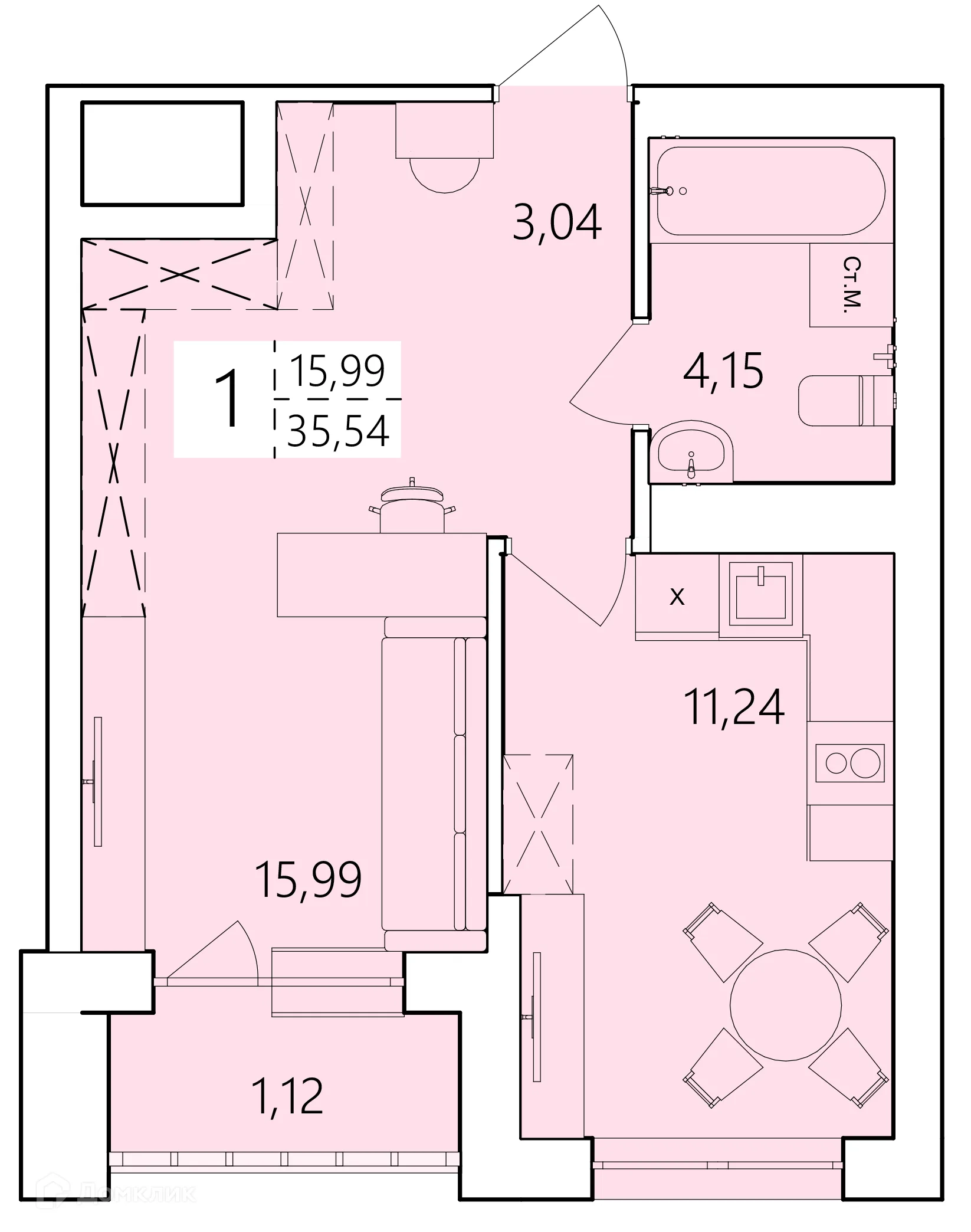 Планировка 1-комнатной квартиры 35.54 м² в ЖК Волна, г. Уфа — фото 1