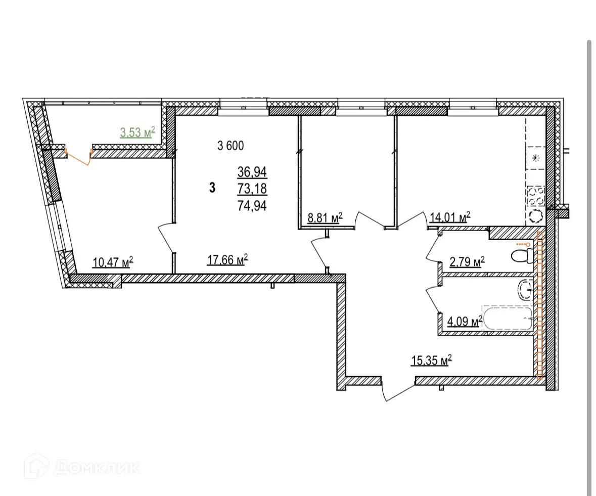Планировка 3-комнатной квартиры 74.94 м² в ЖК Дом на Бородинской, г. Уфа — фото 1