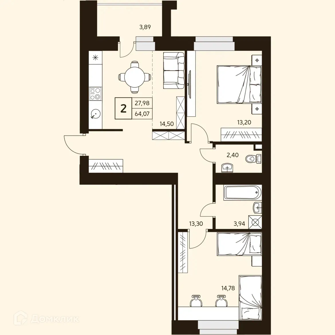Планировка 2-комнатной квартиры 64.07 м² в ЖК MATUR (МАТУР), г. Уфа — фото 1