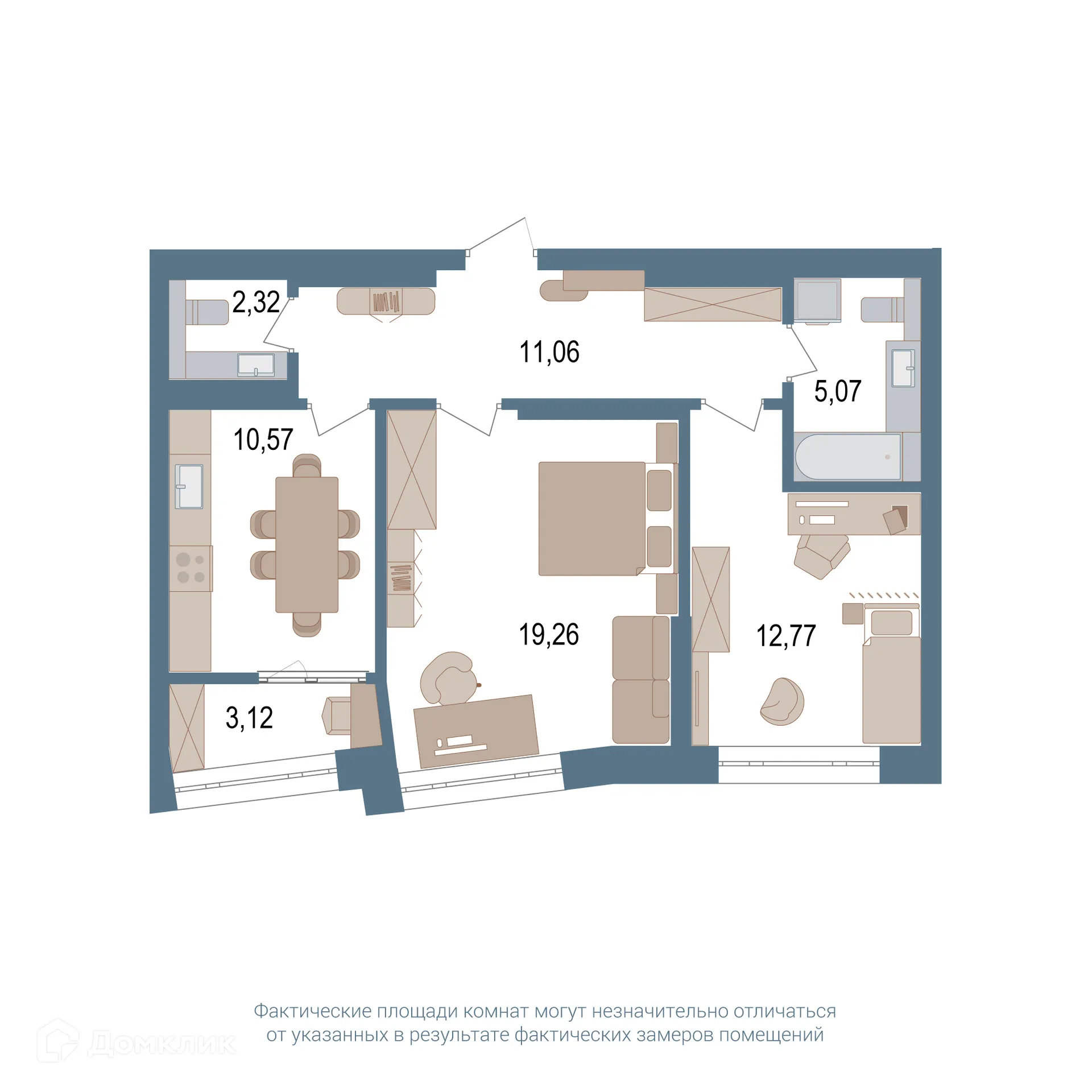 Планировка 2-комнатной квартиры 62.3 м² в ЖК Видинеевский, г. Уфа — фото 1