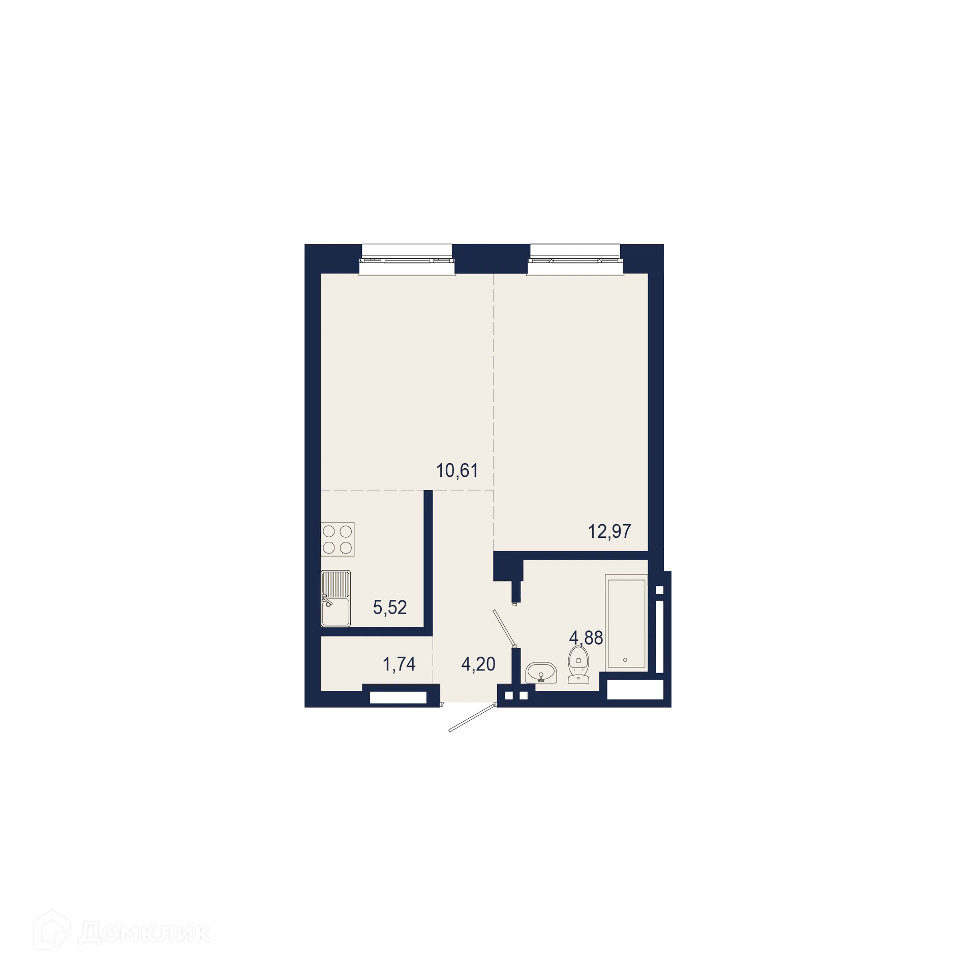 Планировка 2-комнатной квартиры 39.92 м² в ЖК NEW BRIDGE (Нью Бридж), г. Уфа — фото 1