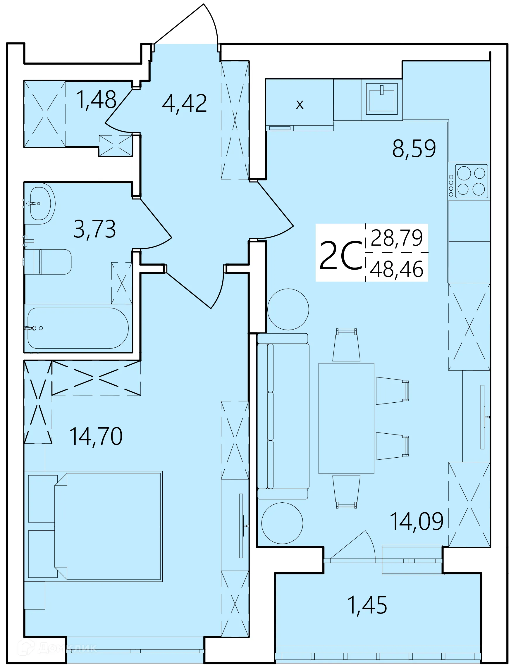 Планировка 2-комнатной квартиры 48.46 м² в ЖК Волна, г. Уфа — фото 1