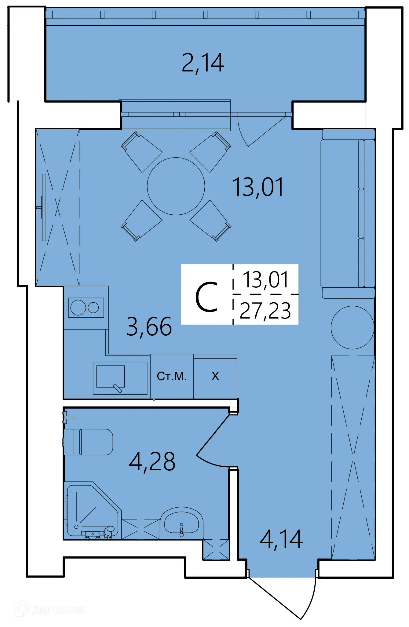 Планировка студии квартиры 27.23 м² в ЖК Волна, г. Уфа — фото 1