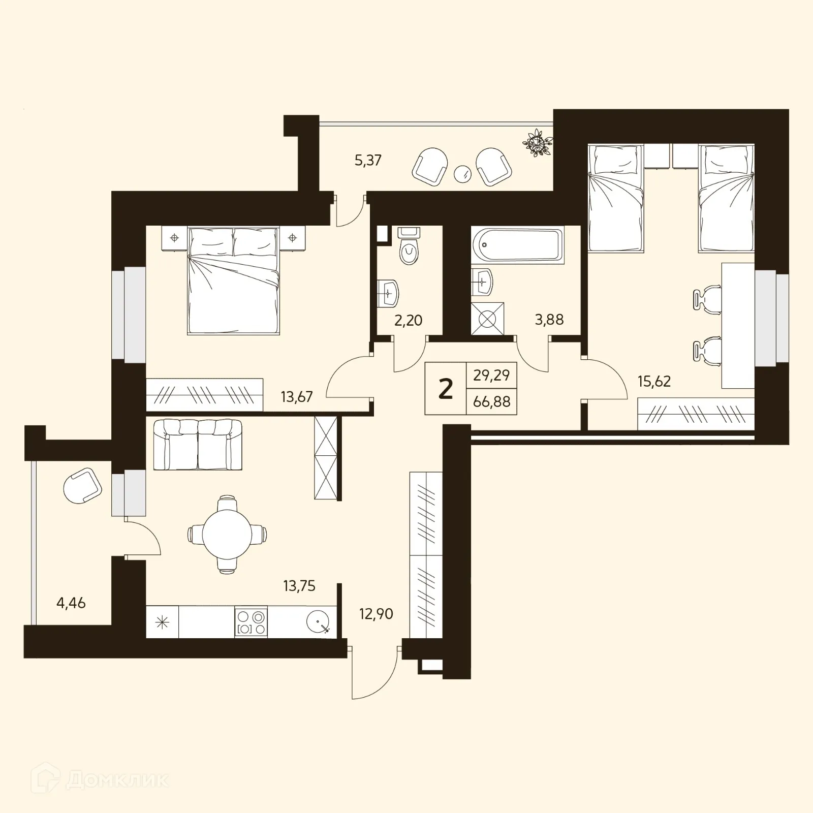 Планировка 2-комнатной квартиры 66.88 м² в ЖК MATUR (МАТУР), г. Уфа — фото 1