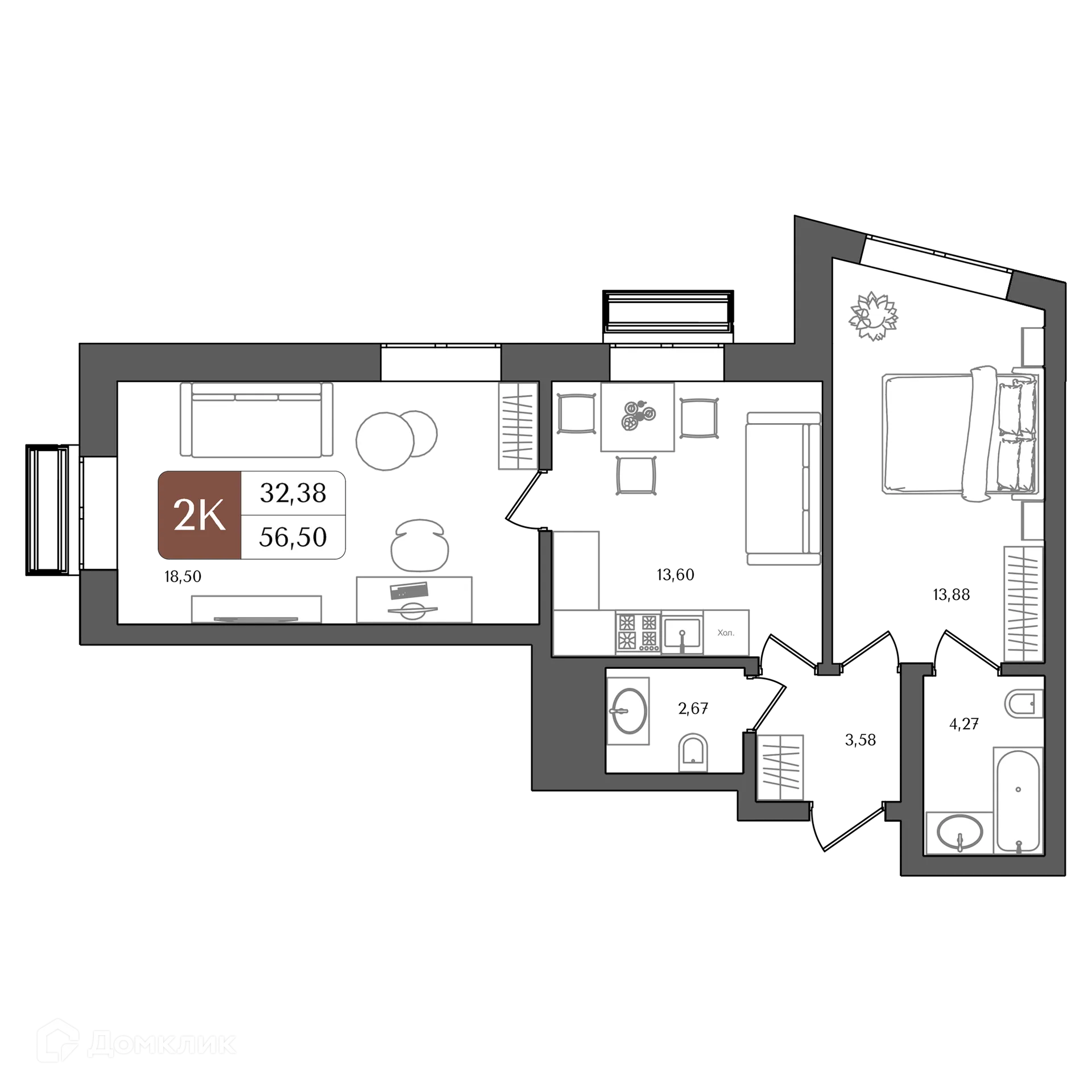 Планировка 2-комнатной квартиры 56.5 м² в ЖК "ХОЛМОГОРЫ", г. Уфа — фото 1