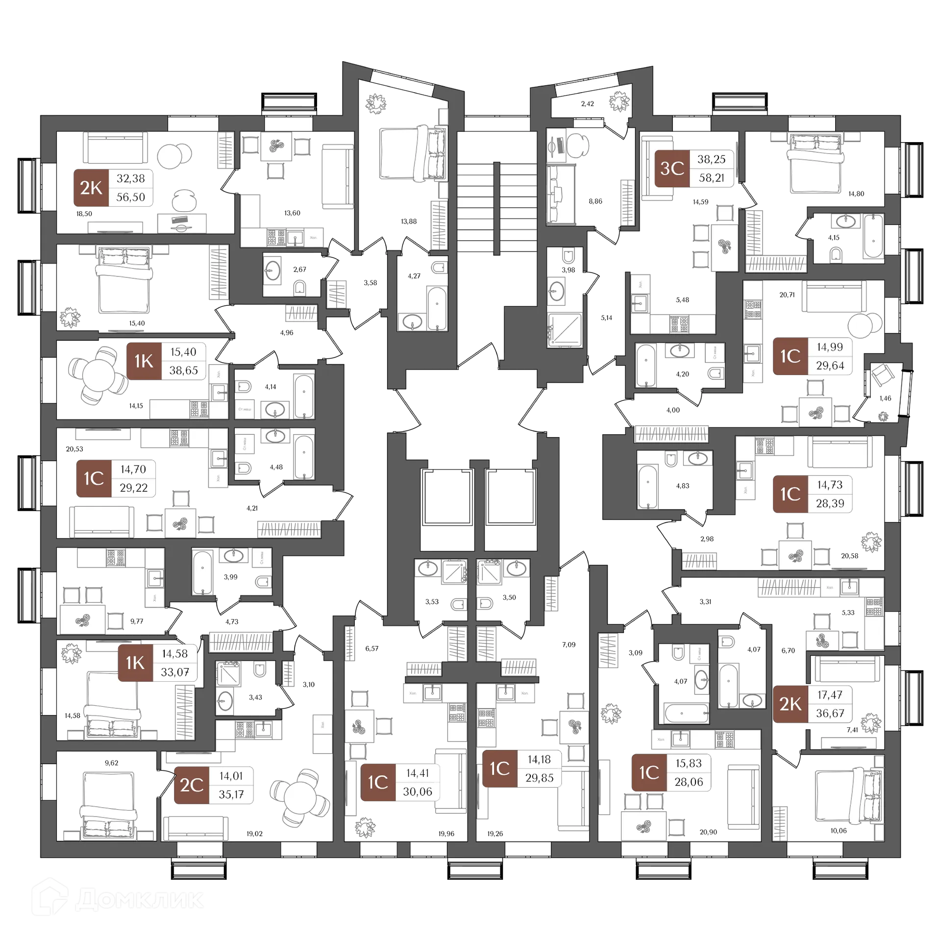 Планировка 2-комнатной квартиры 56.5 м² в ЖК "ХОЛМОГОРЫ", г. Уфа — фото 2