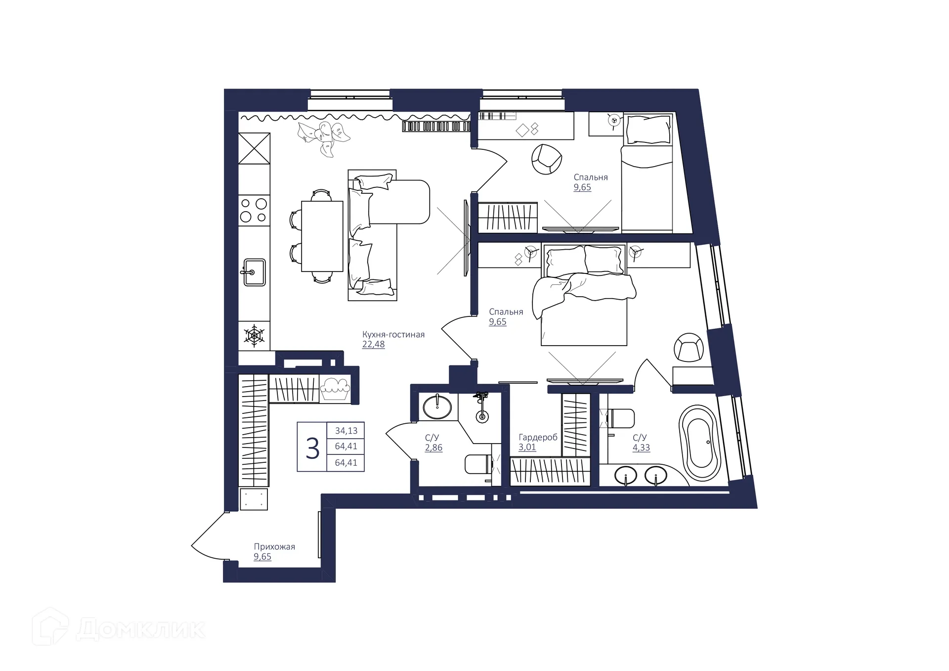 Планировка 3-комнатной квартиры 64.4 м² в ЖК NEW BRIDGE (Нью Бридж), г. Уфа — фото 1